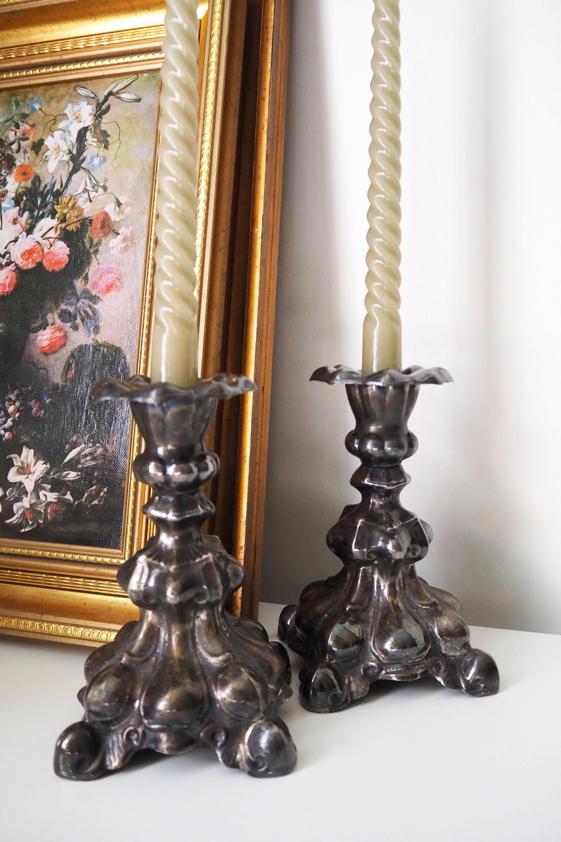 Set of two vintage candlestick holders | Alpacca silver candlestick holders | Large silver candlestick holders | Vintage candle holders