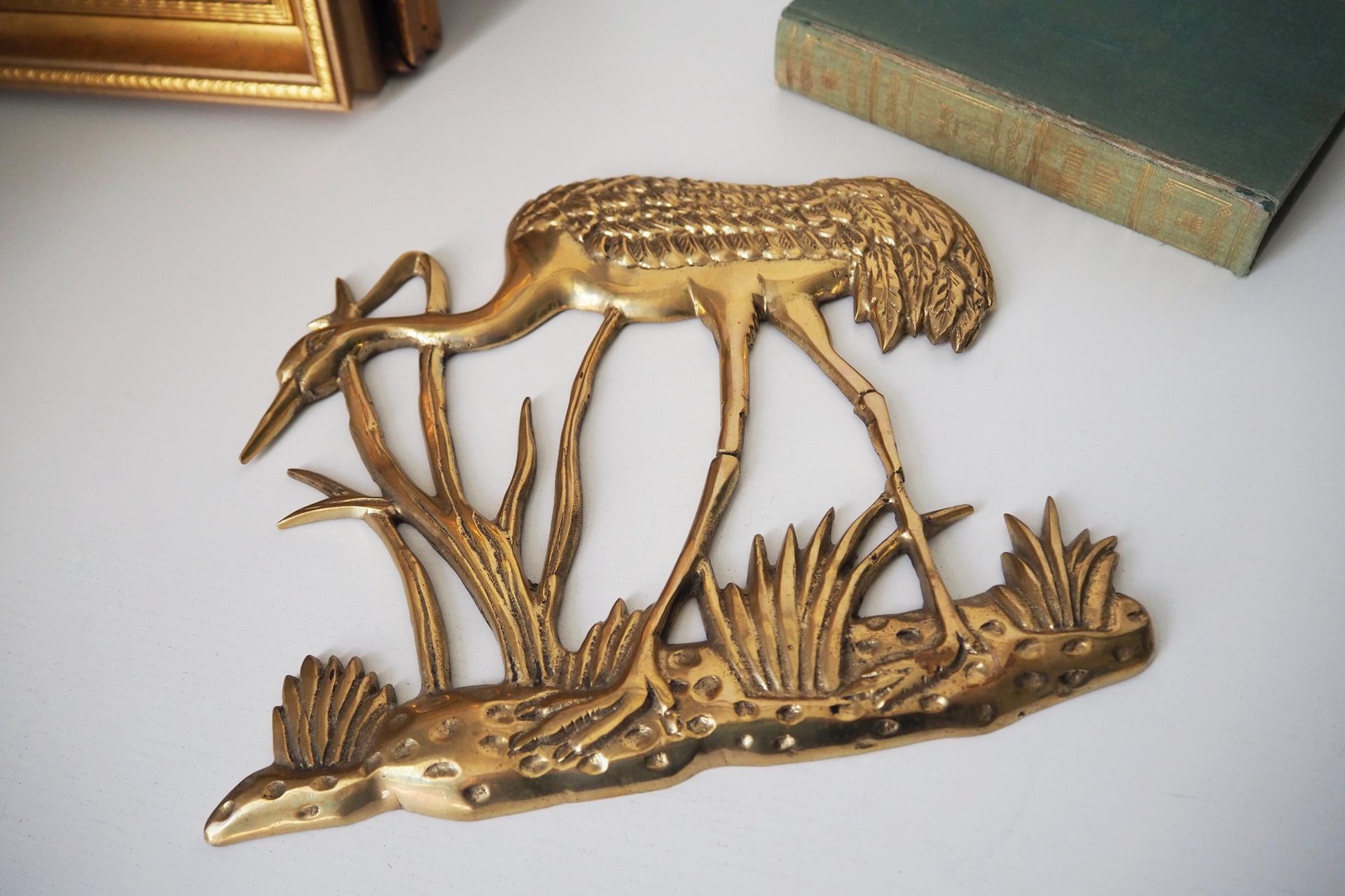 Vintage brass crane wall figurine | Brass crane wall decor | Vintage brass crane | Vintage brass wall decor | Brass crane wall hanging