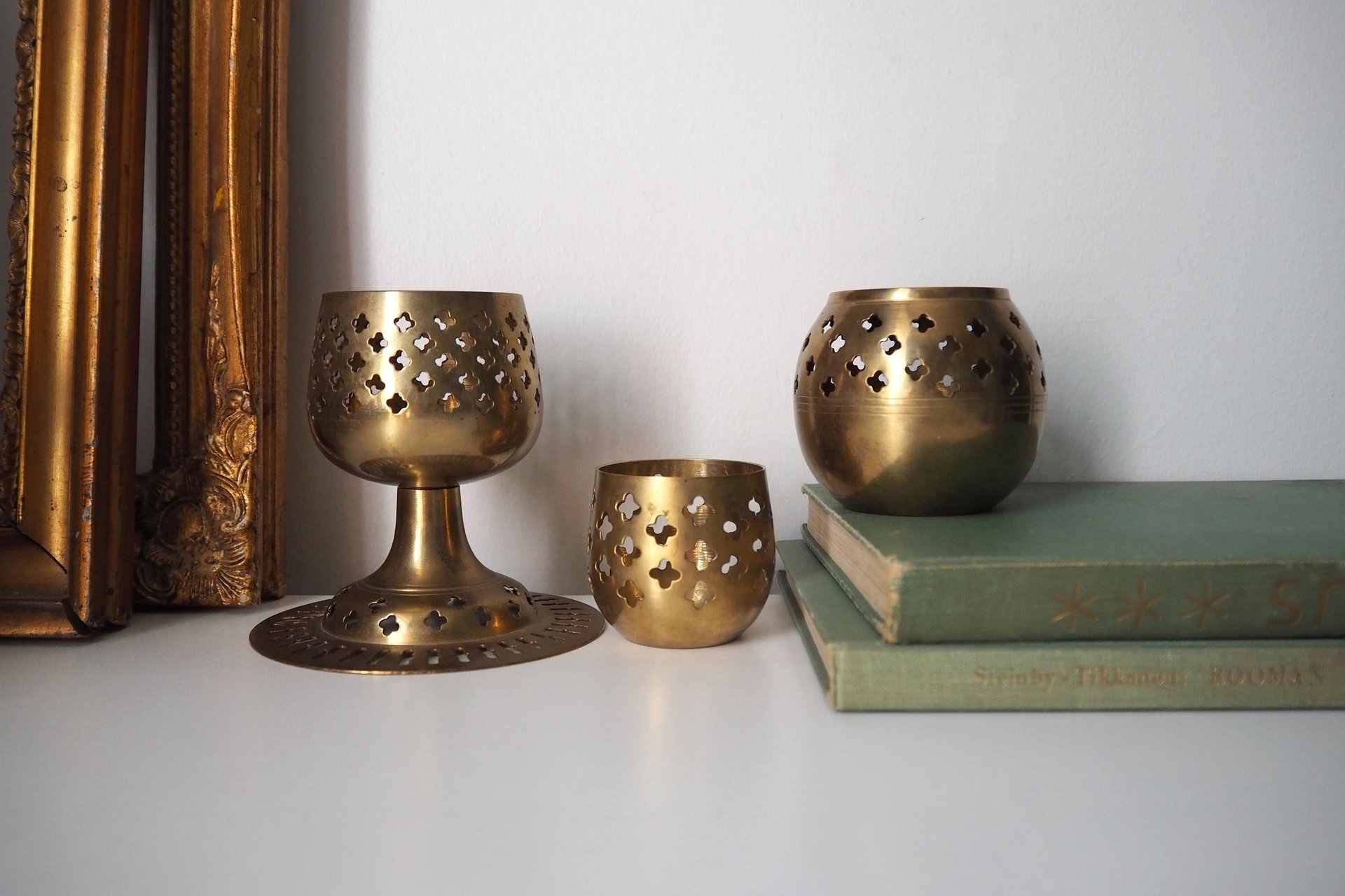 Set of three vintage tealight candle holders | Brass tealight candleholders | Vintage brass votive candleholders | Mismatched candle holders
