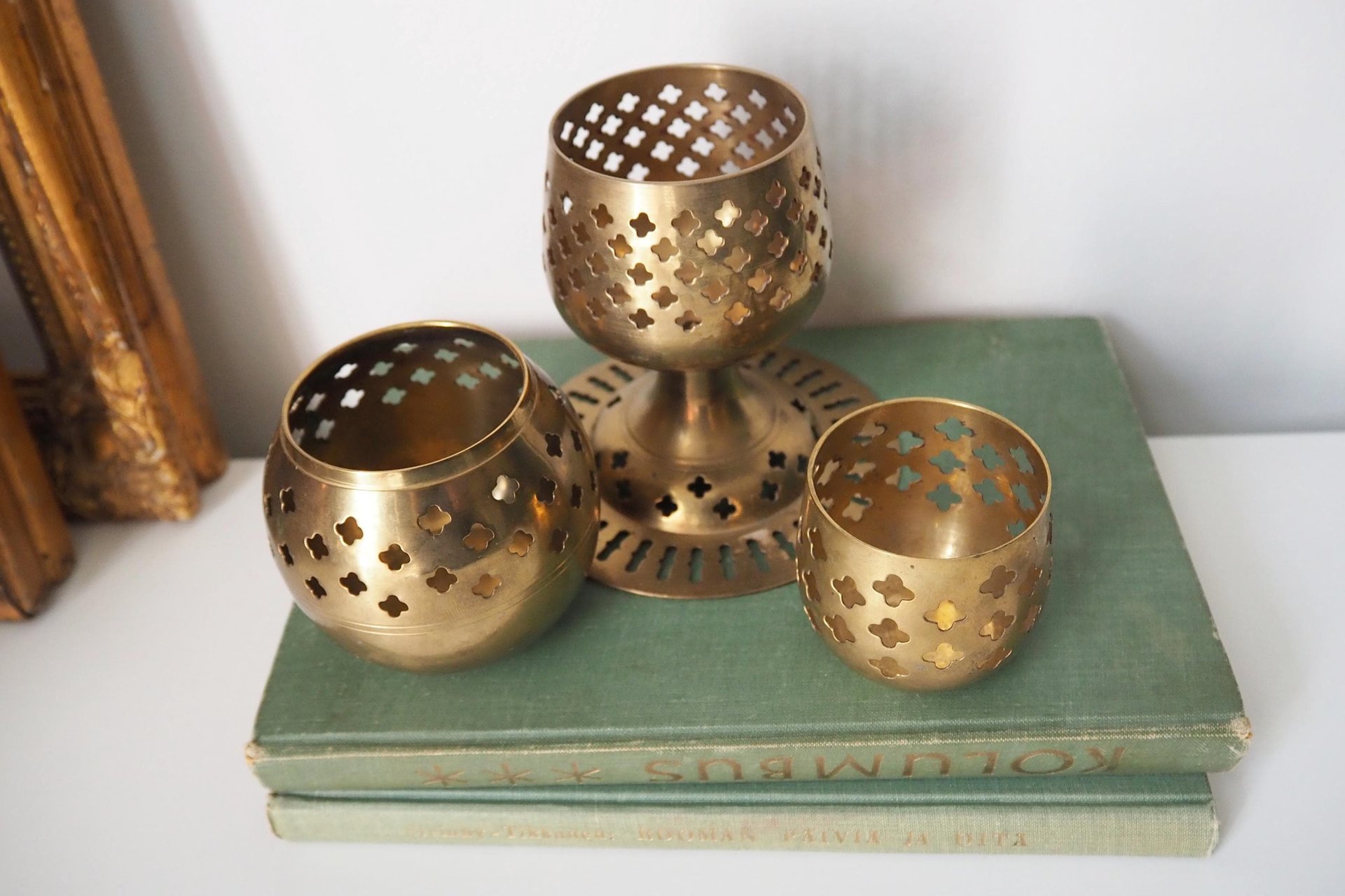 Set of three vintage tealight candle holders | Brass tealight candleholders | Vintage brass votive candleholders | Mismatched candle holders