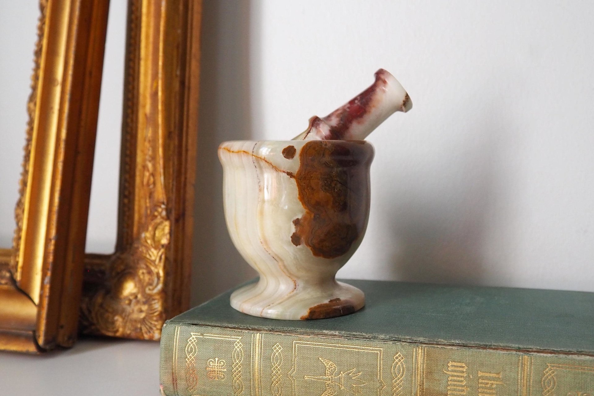 Vintage mortar and pestle | Onyx marble mortar | Small marble mortar | Green and brown onyx mortar and pestle