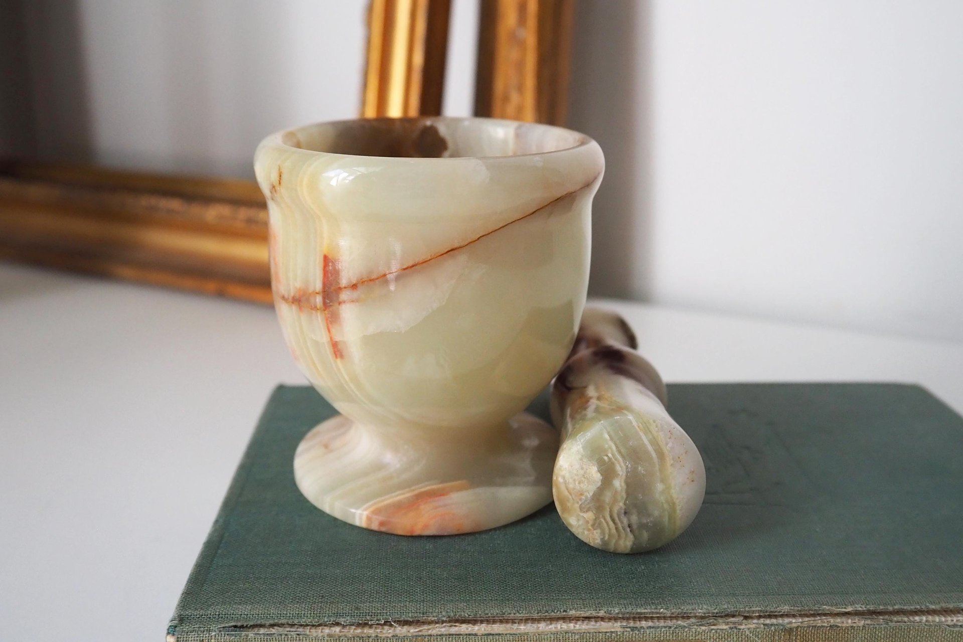 Vintage mortar and pestle | Onyx marble mortar | Small marble mortar | Green and brown onyx mortar and pestle