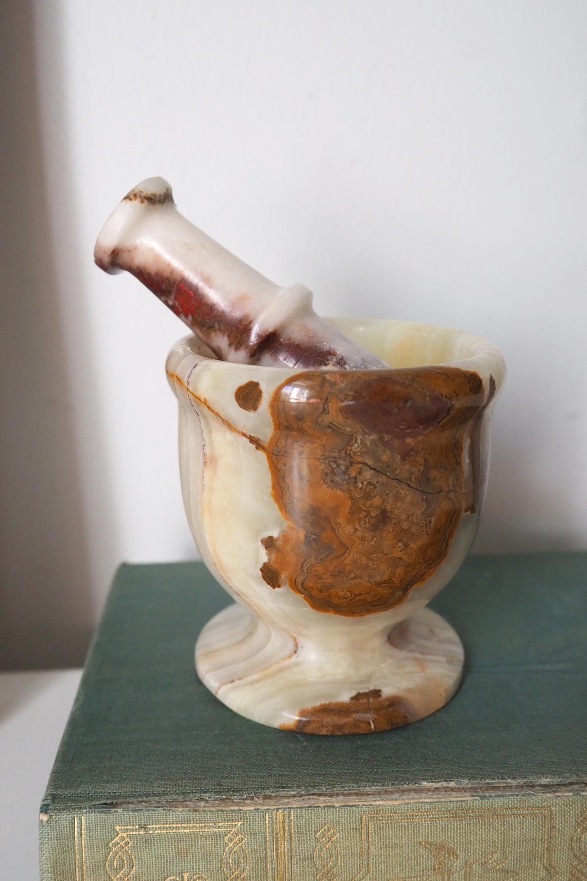 Vintage mortar and pestle | Onyx marble mortar | Small marble mortar | Green and brown onyx mortar and pestle