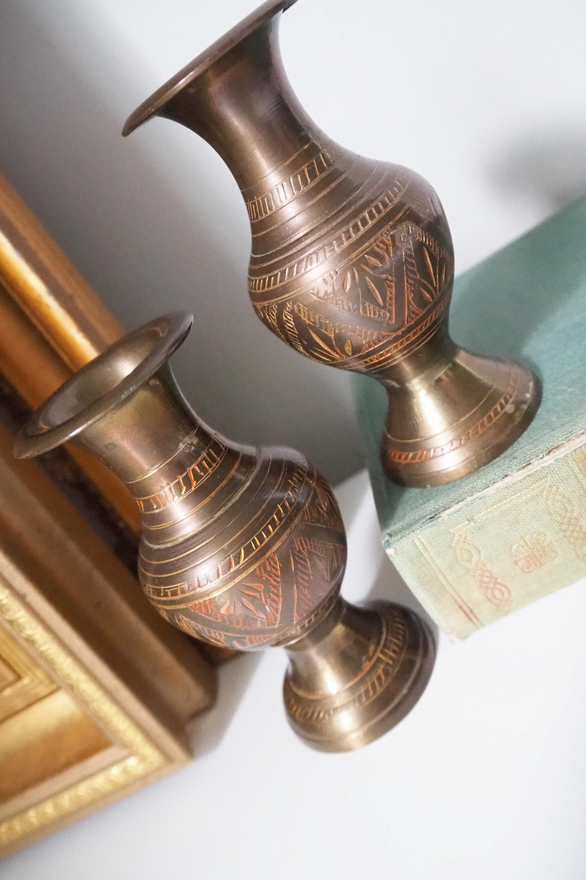 Set of two small vintage vases | Small brass vases | Vintage bud vase | Vintage single flower vases | Etched brass vases