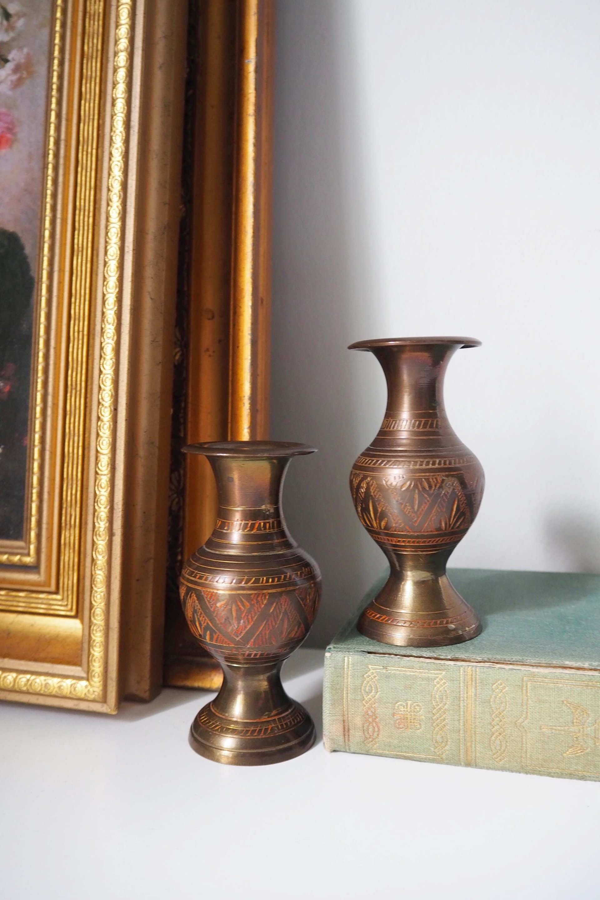 Set of two small vintage vases | Small brass vases | Vintage bud vase | Vintage single flower vases | Etched brass vases