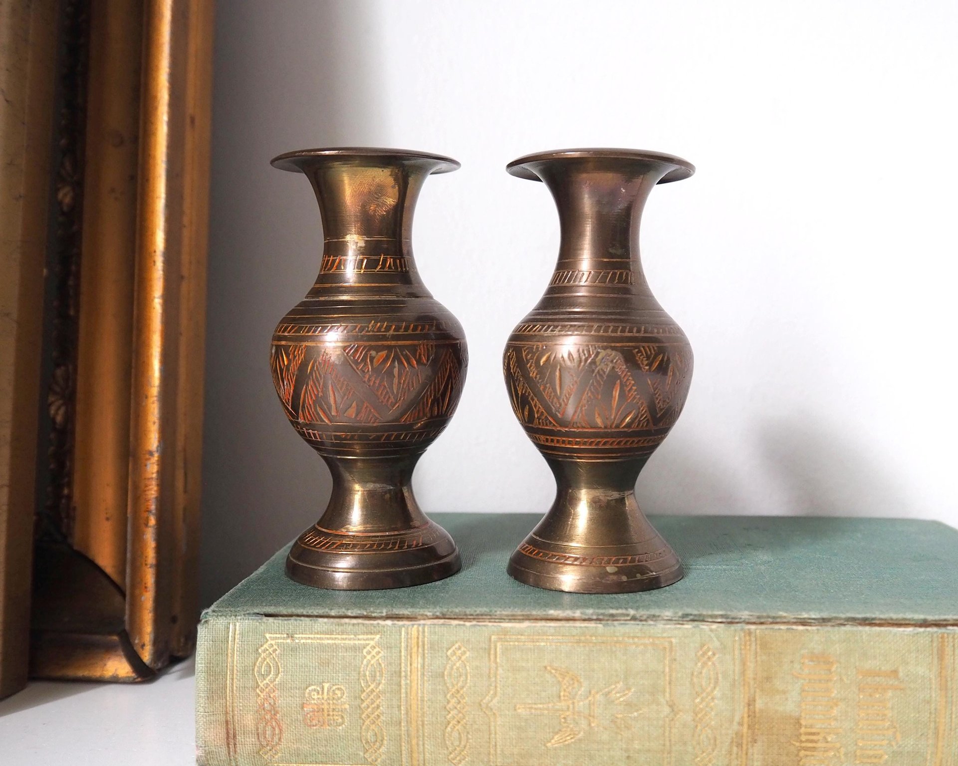 Set of two small vintage vases | Small brass vases | Vintage bud vase | Vintage single flower vases | Etched brass vases