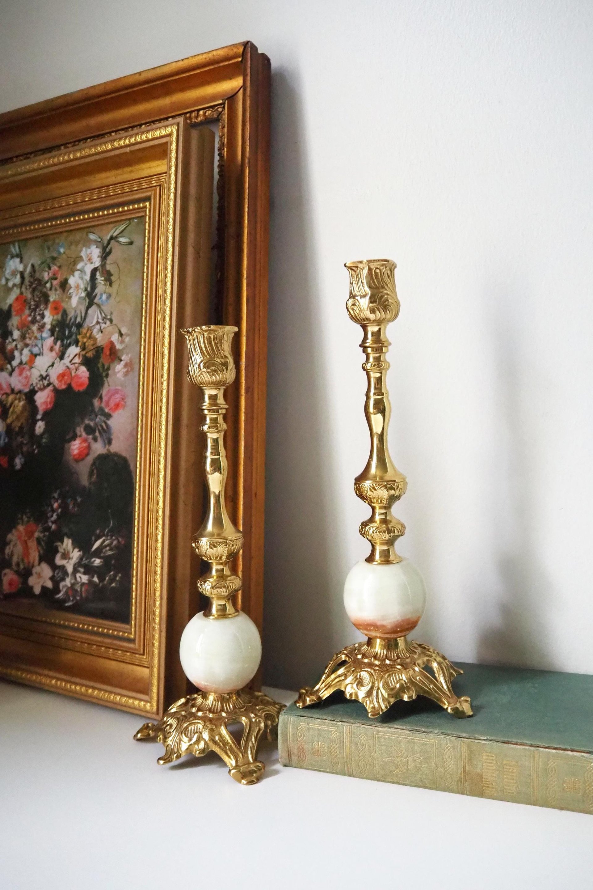 Set of two vintage candlestick holders | Gold and onyx marble candle holders | Tall candlestick holders | Matching candle holders