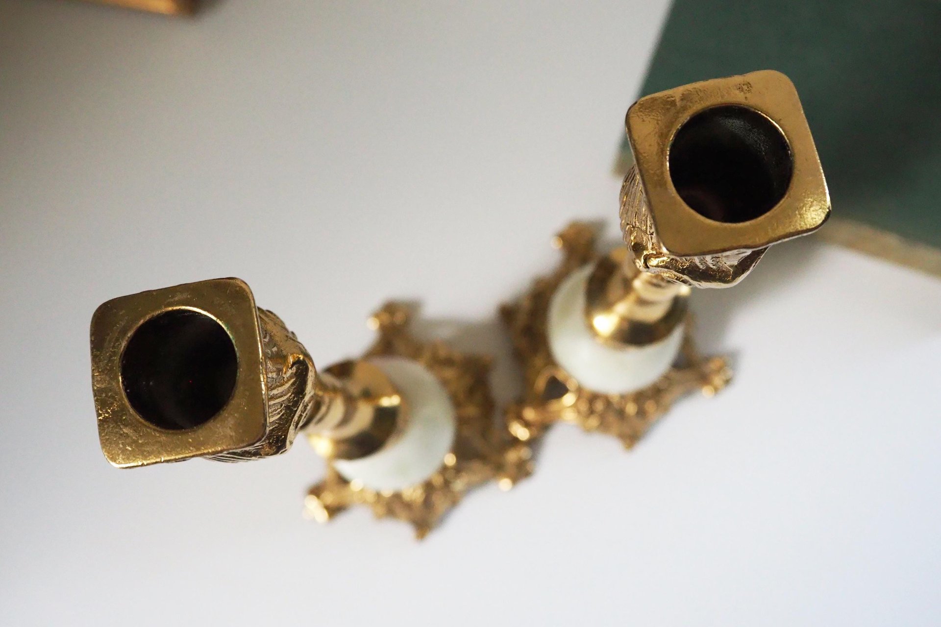 Set of two vintage candlestick holders | Gold and onyx marble candle holders | Tall candlestick holders | Matching candle holders