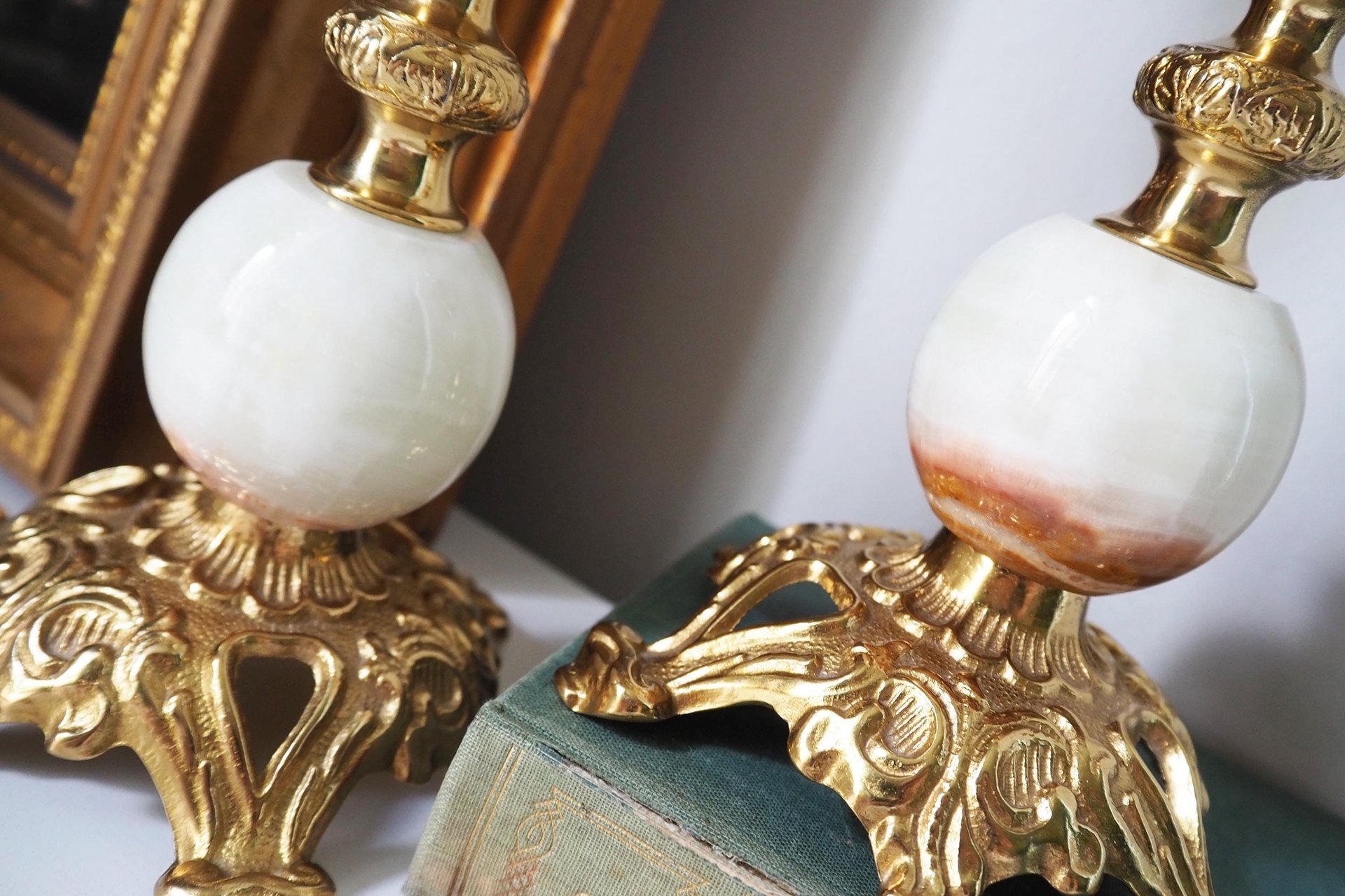 Set of two vintage candlestick holders | Gold and onyx marble candle holders | Tall candlestick holders | Matching candle holders