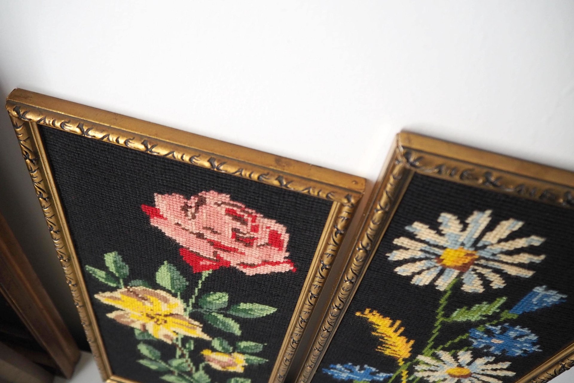 Set of two vintage framed needlepoint florals | Framed needlepoint wall art | Mismatched floral needlepoint wall art | Vintage needlepoint