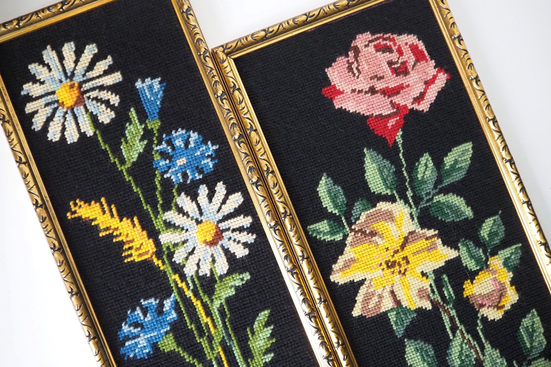 Set of two vintage framed needlepoint florals | Framed needlepoint wall art | Mismatched floral needlepoint wall art | Vintage needlepoint