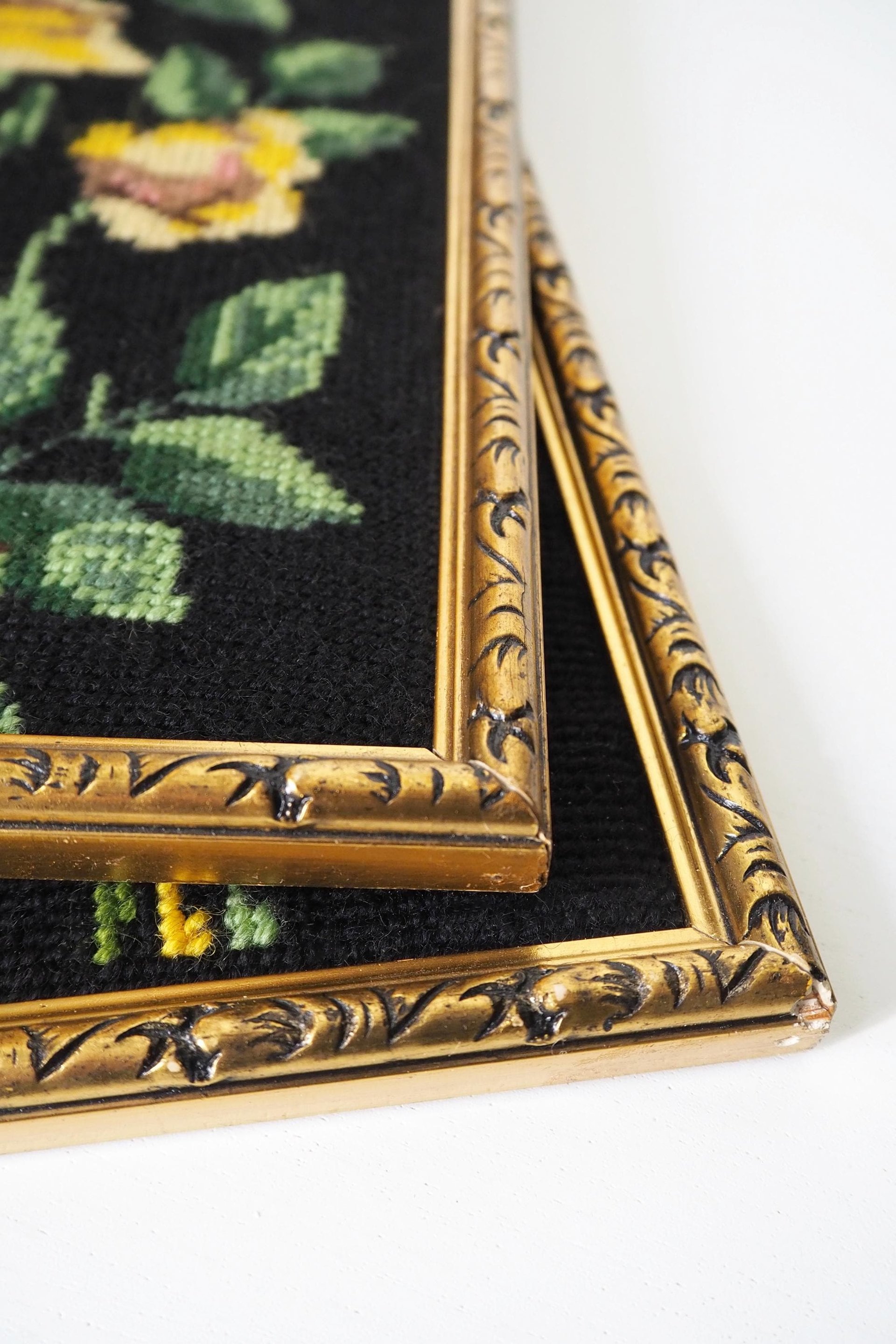 Set of two vintage framed needlepoint florals | Framed needlepoint wall art | Mismatched floral needlepoint wall art | Vintage needlepoint