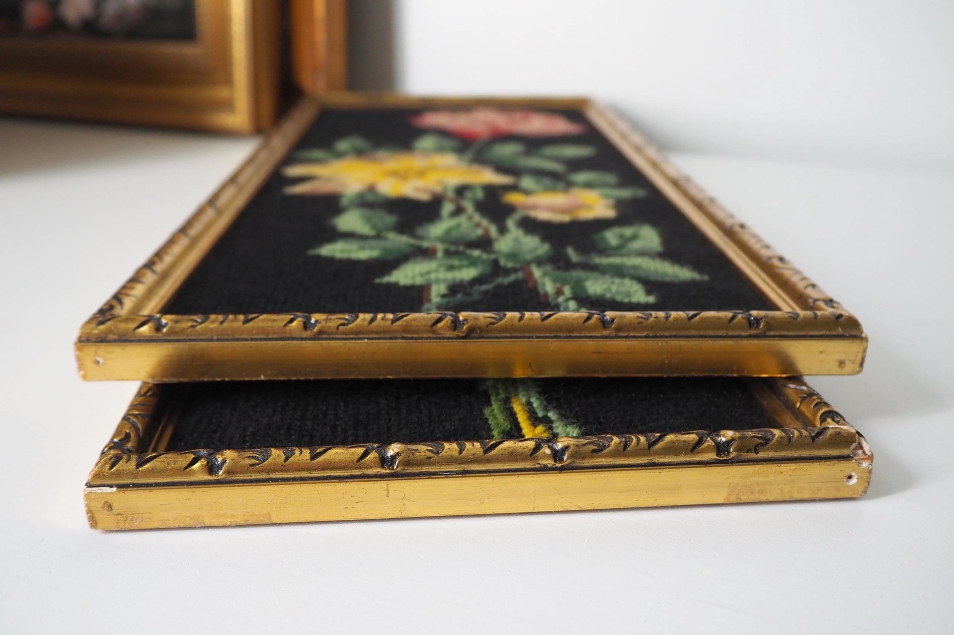 Set of two vintage framed needlepoint florals | Framed needlepoint wall art | Mismatched floral needlepoint wall art | Vintage needlepoint