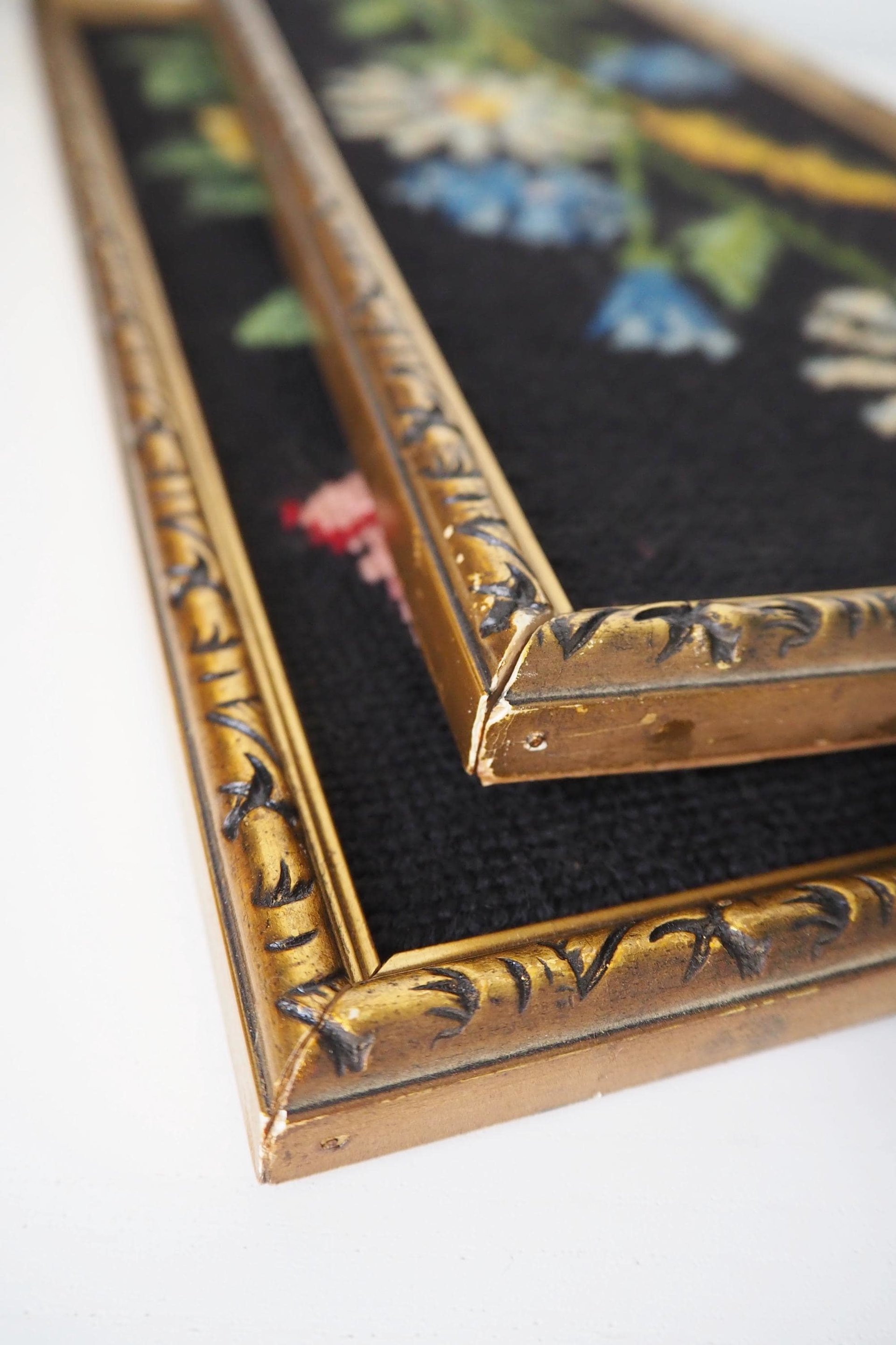 Set of two vintage framed needlepoint florals | Framed needlepoint wall art | Mismatched floral needlepoint wall art | Vintage needlepoint