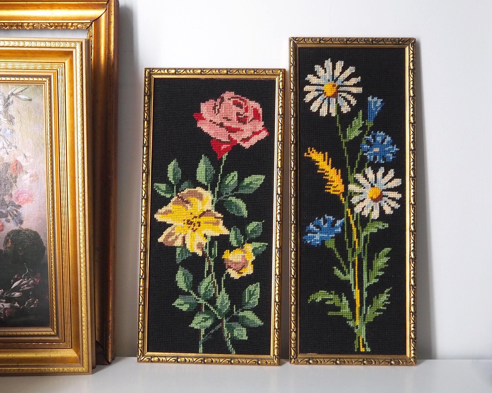 Set of two vintage framed needlepoint florals | Framed needlepoint wall art | Mismatched floral needlepoint wall art | Vintage needlepoint