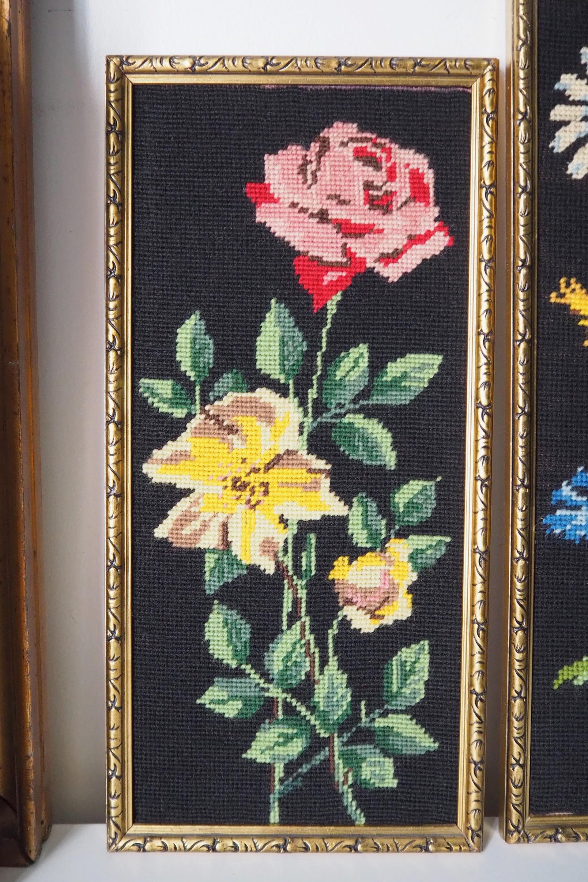 Set of two vintage framed needlepoint florals | Framed needlepoint wall art | Mismatched floral needlepoint wall art | Vintage needlepoint