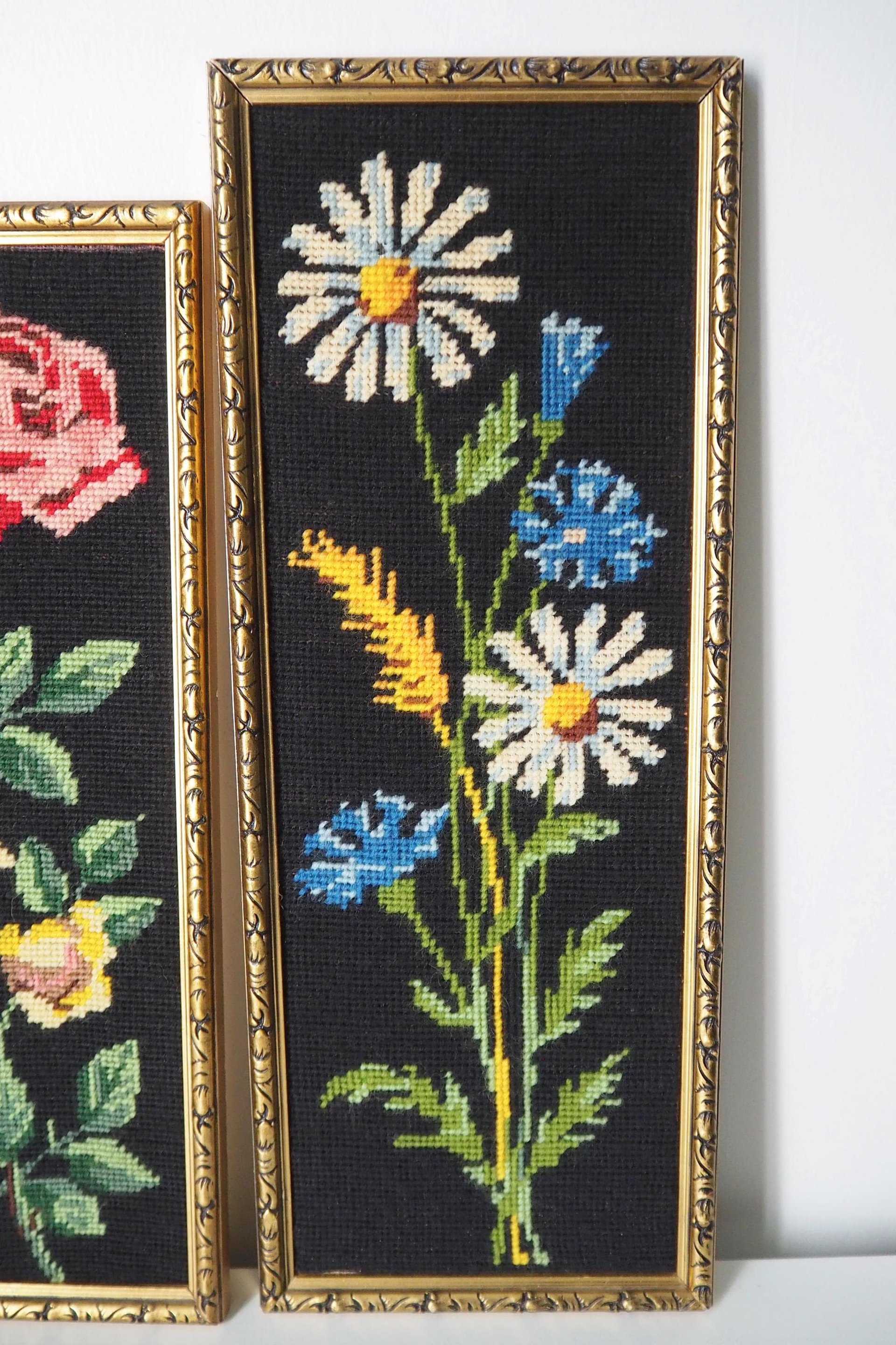 Set of two vintage framed needlepoint florals | Framed needlepoint wall art | Mismatched floral needlepoint wall art | Vintage needlepoint