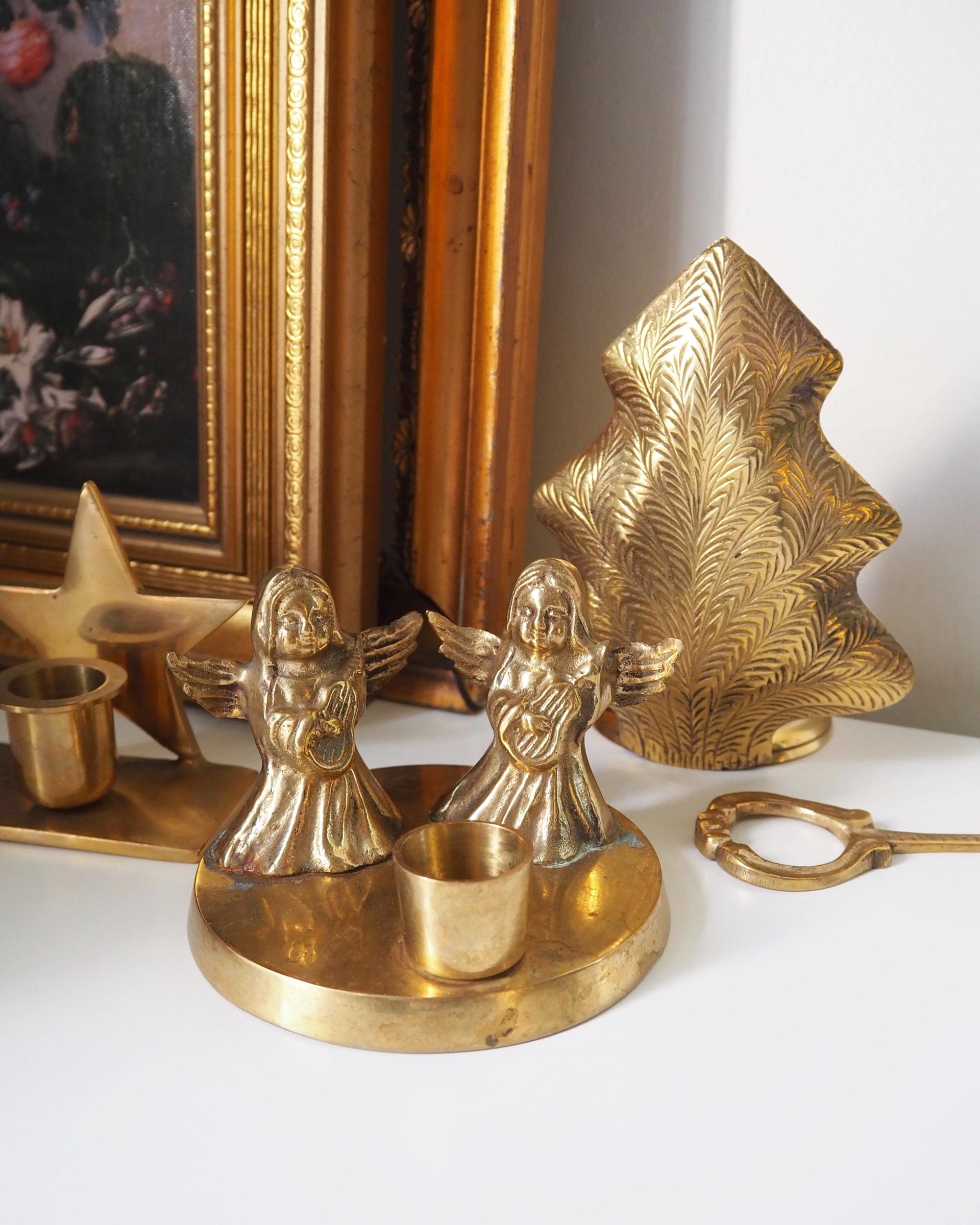 Vintage candle holder set | Brass candlestick holders | Vintage brass candle holders and candle snuffer | Vintage Christmas gift set