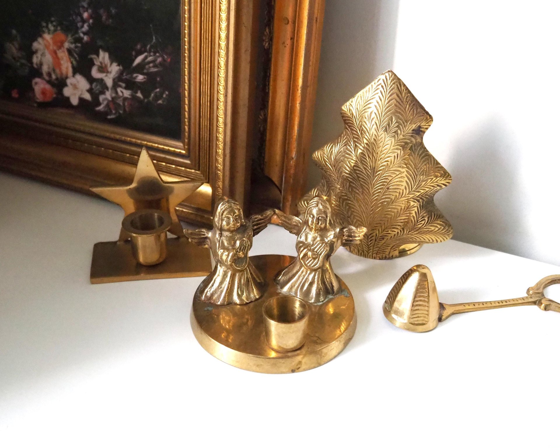 Vintage candle holder set | Brass candlestick holders | Vintage brass candle holders and candle snuffer | Vintage Christmas gift set