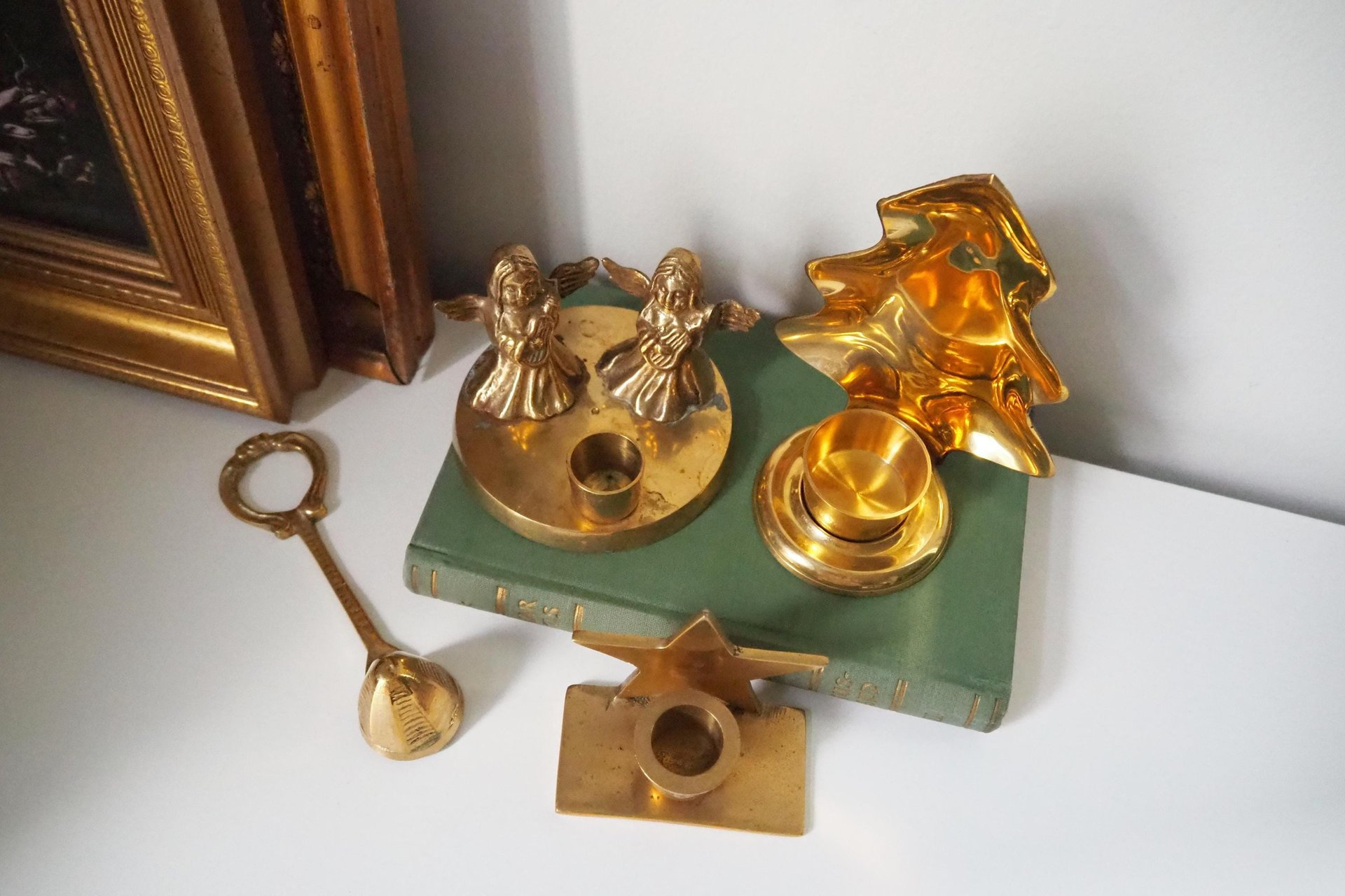 Vintage candle holder set | Brass candlestick holders | Vintage brass candle holders and candle snuffer | Vintage Christmas gift set
