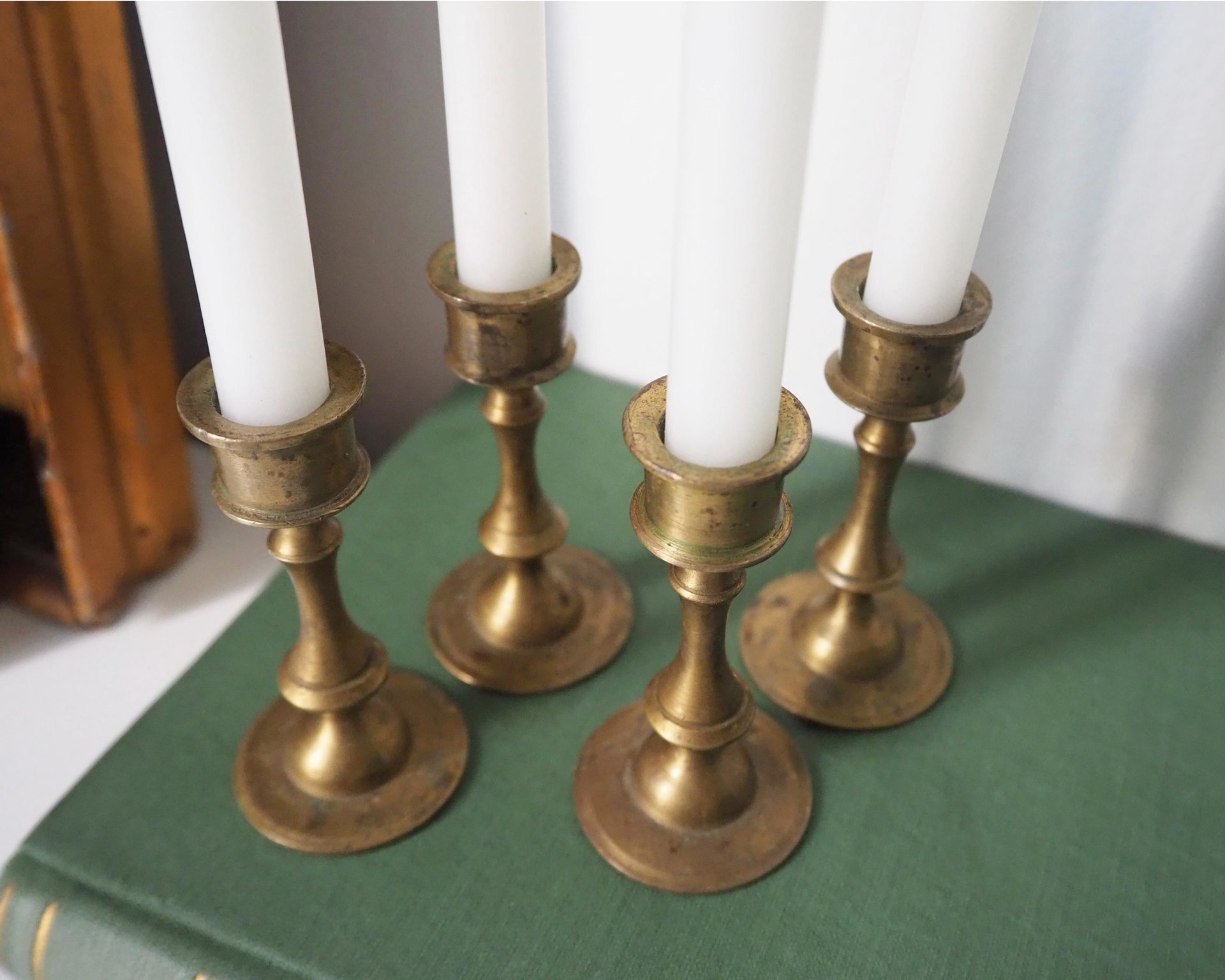 Set of four tiny vintage brass candlestick holders | Brass candlestick holders | Vintage brass candle holders | Small candle holders