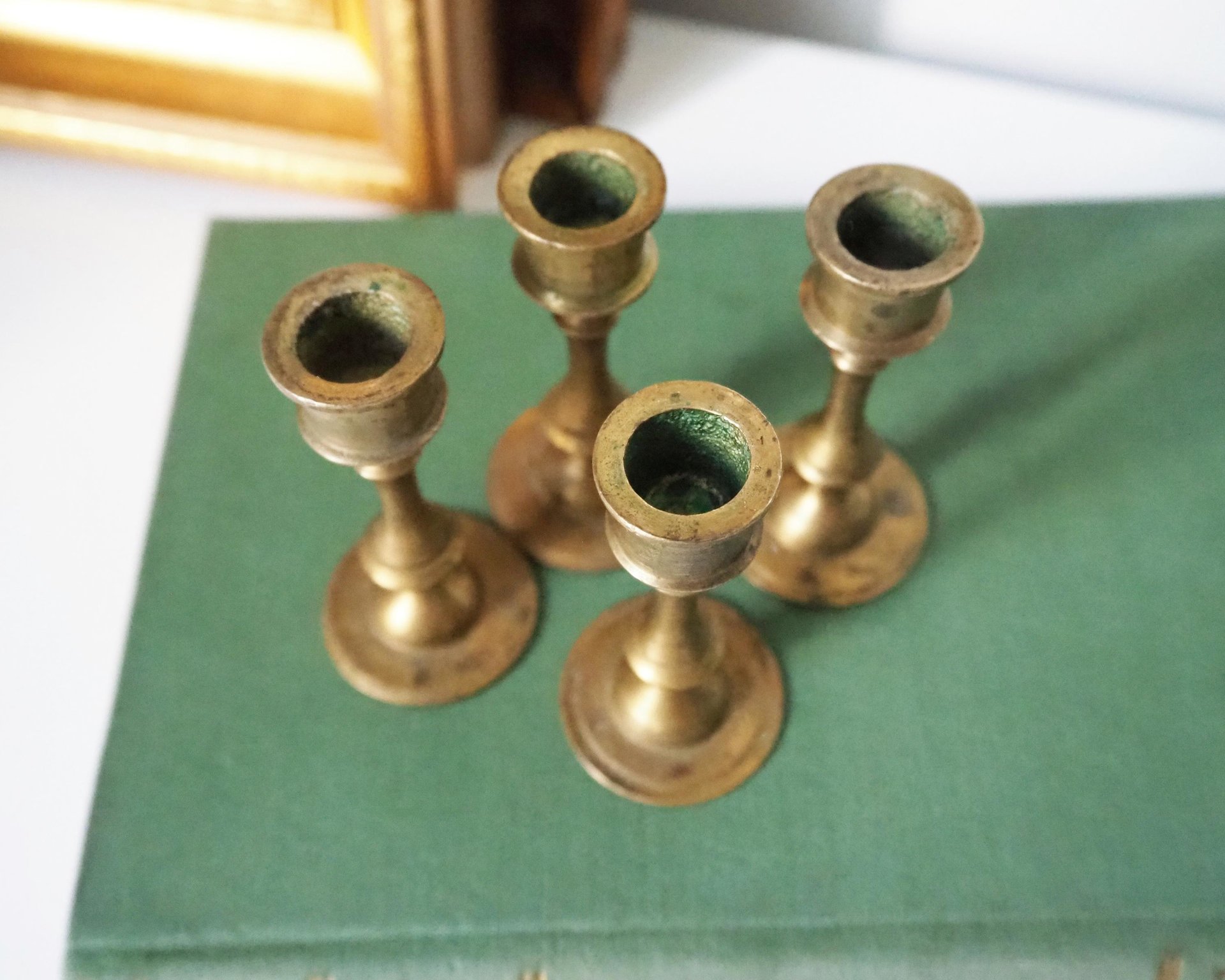 Set of four tiny vintage brass candlestick holders | Brass candlestick holders | Vintage brass candle holders | Small candle holders