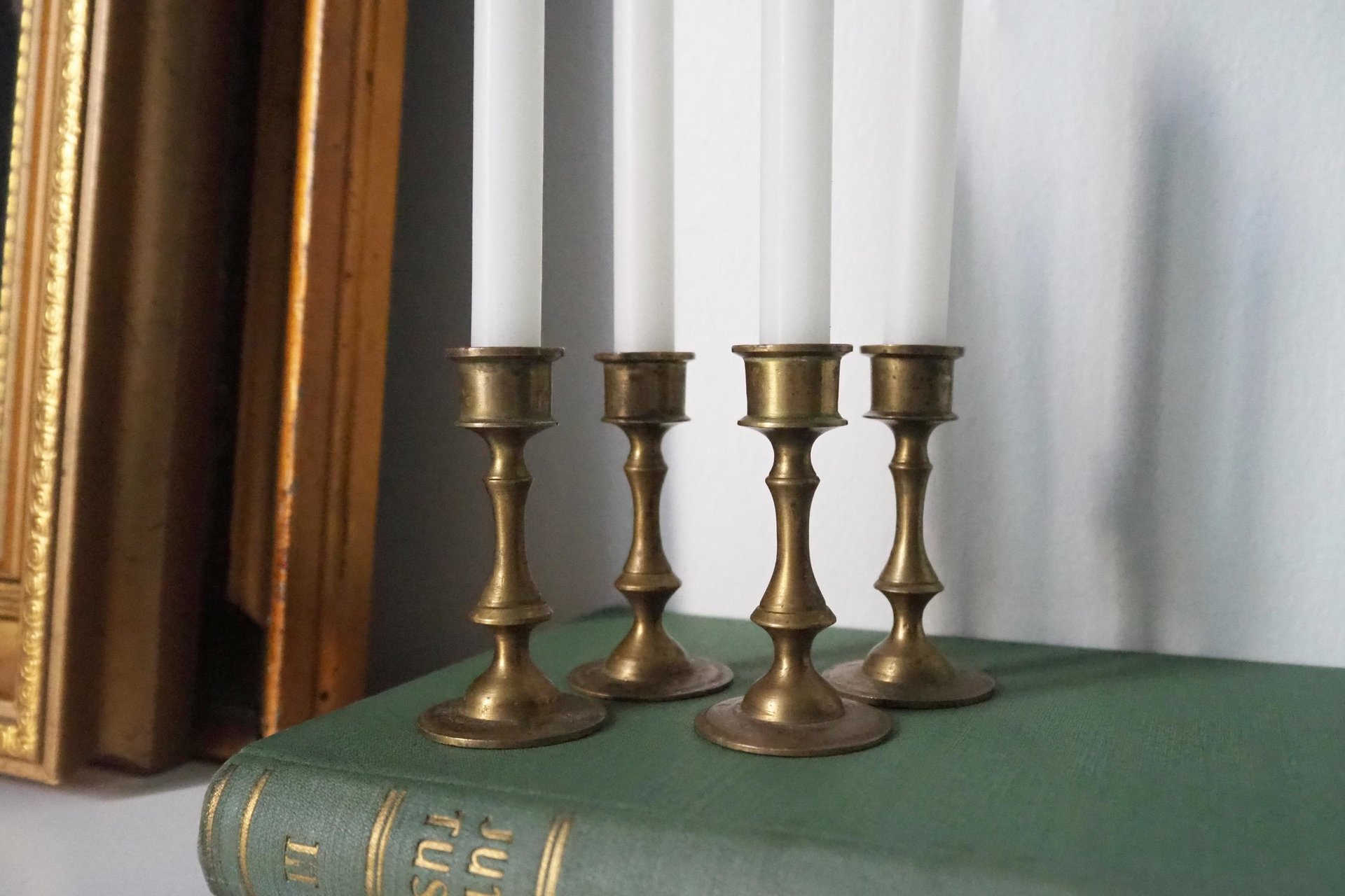 Set of four tiny vintage brass candlestick holders | Brass candlestick holders | Vintage brass candle holders | Small candle holders