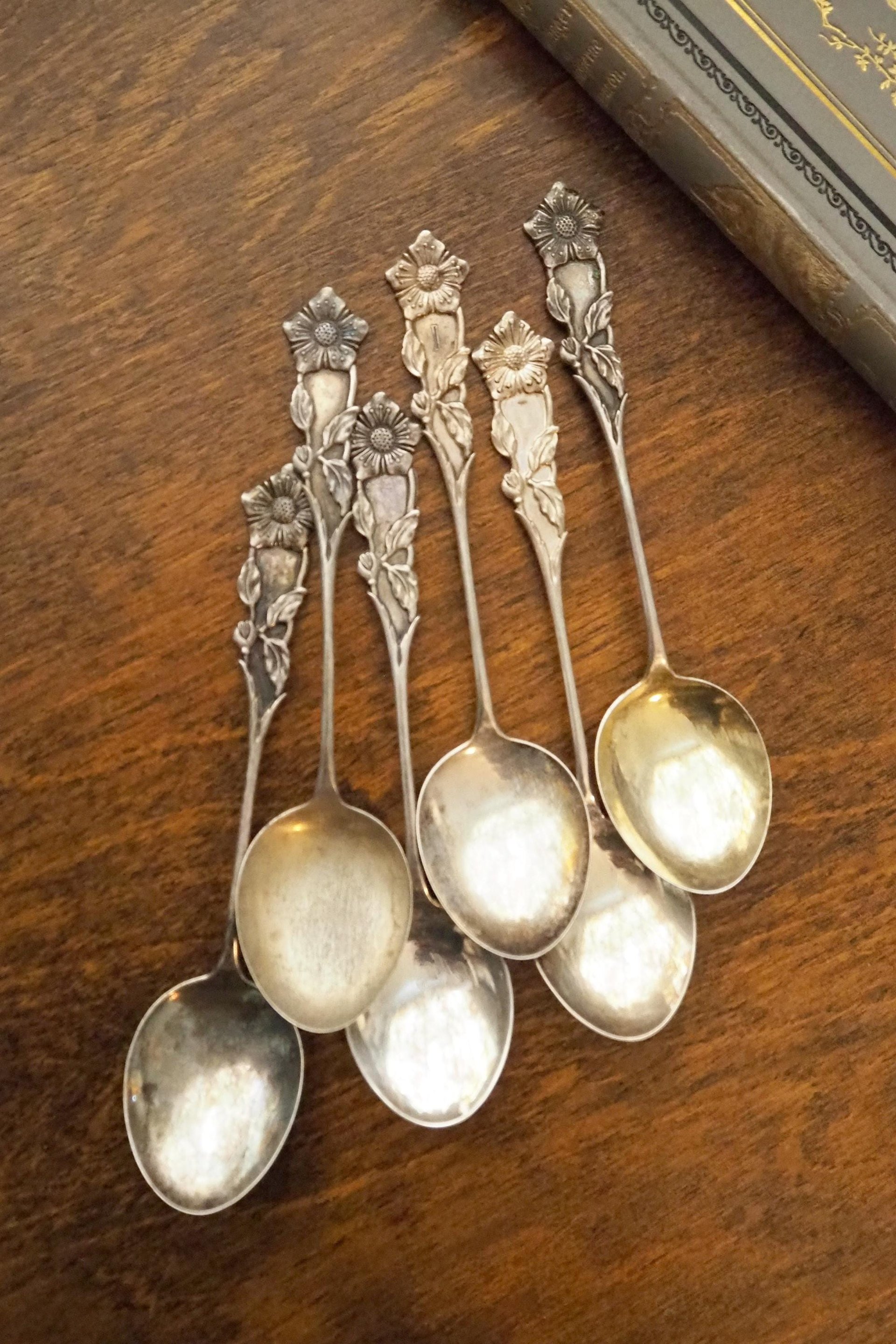 Set of six large vintage teaspoons | Large alpacca silver teaspoons | Matching teaspoons | Floral teaspoon set | Vintage alpacca teaspoons