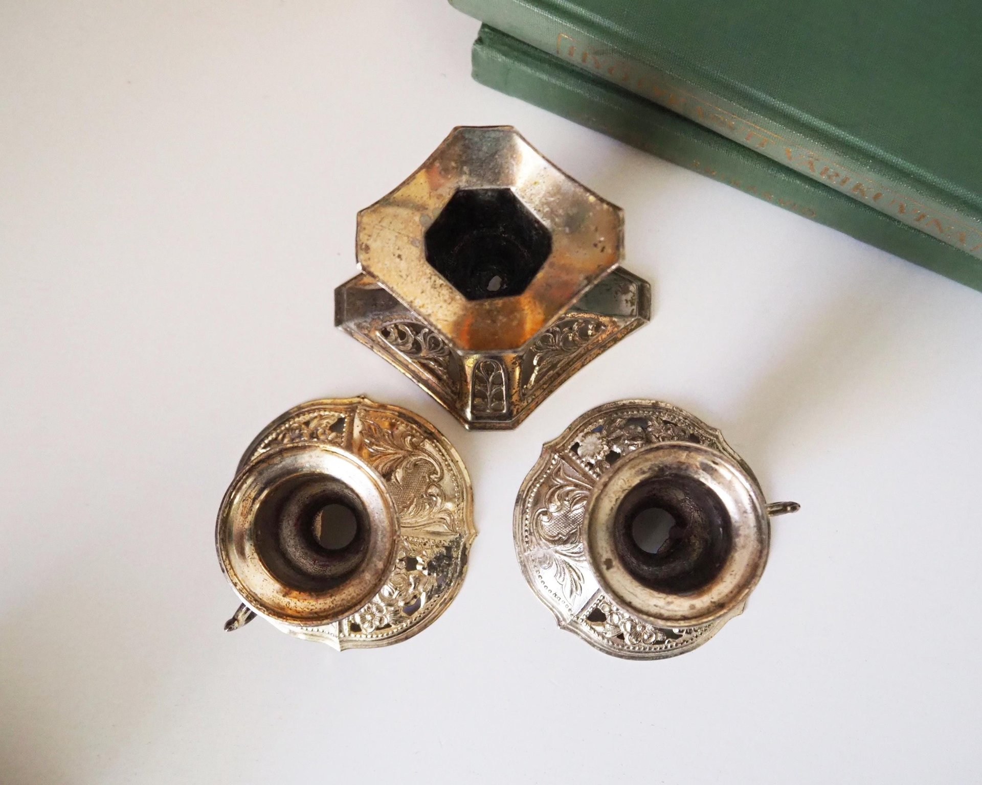 Set of three vintage candlestick holders | Silver tone candlestick holders | Mismatched candlestick holders