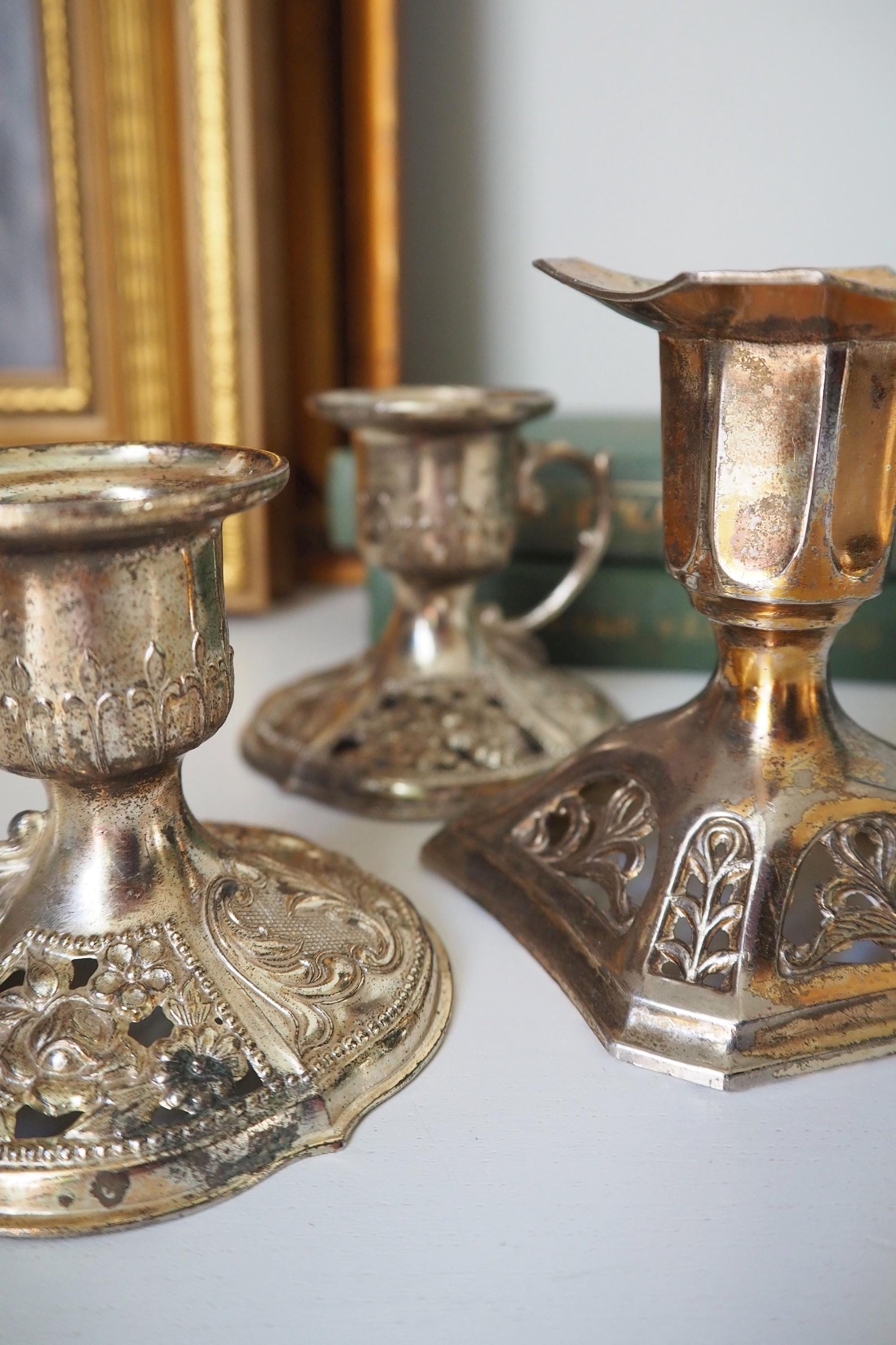 Set of three vintage candlestick holders | Silver tone candlestick holders | Mismatched candlestick holders