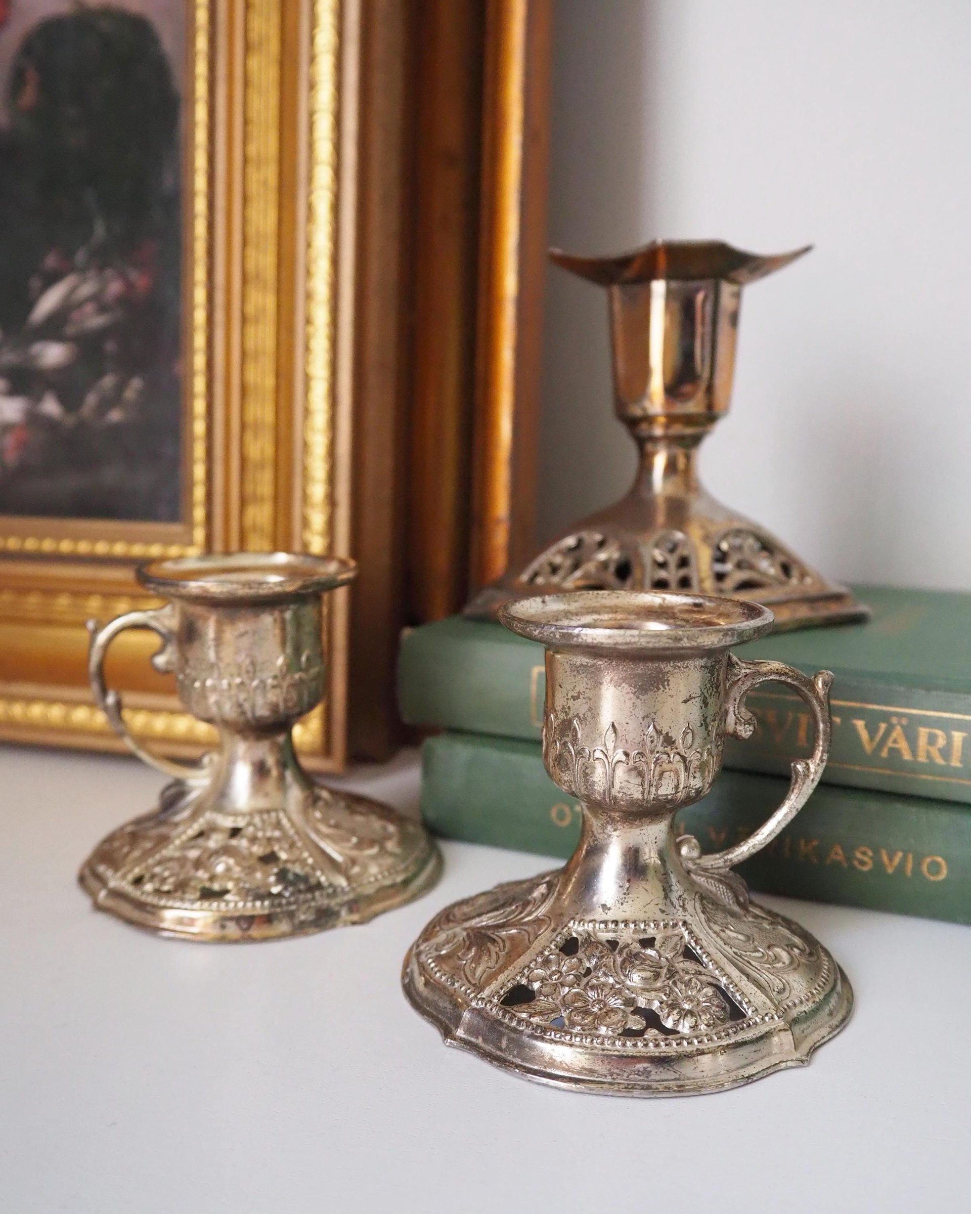 Set of three vintage candlestick holders | Silver tone candlestick holders | Mismatched candlestick holders