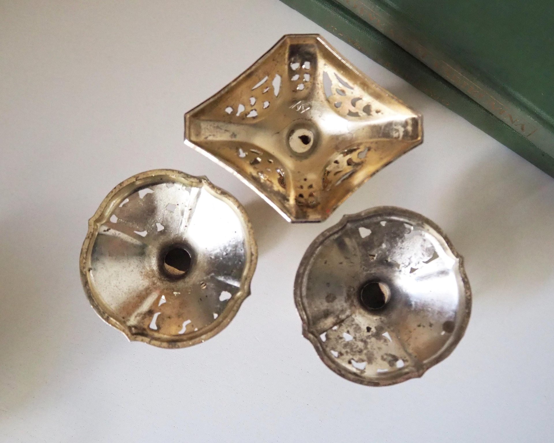 Set of three vintage candlestick holders | Silver tone candlestick holders | Mismatched candlestick holders