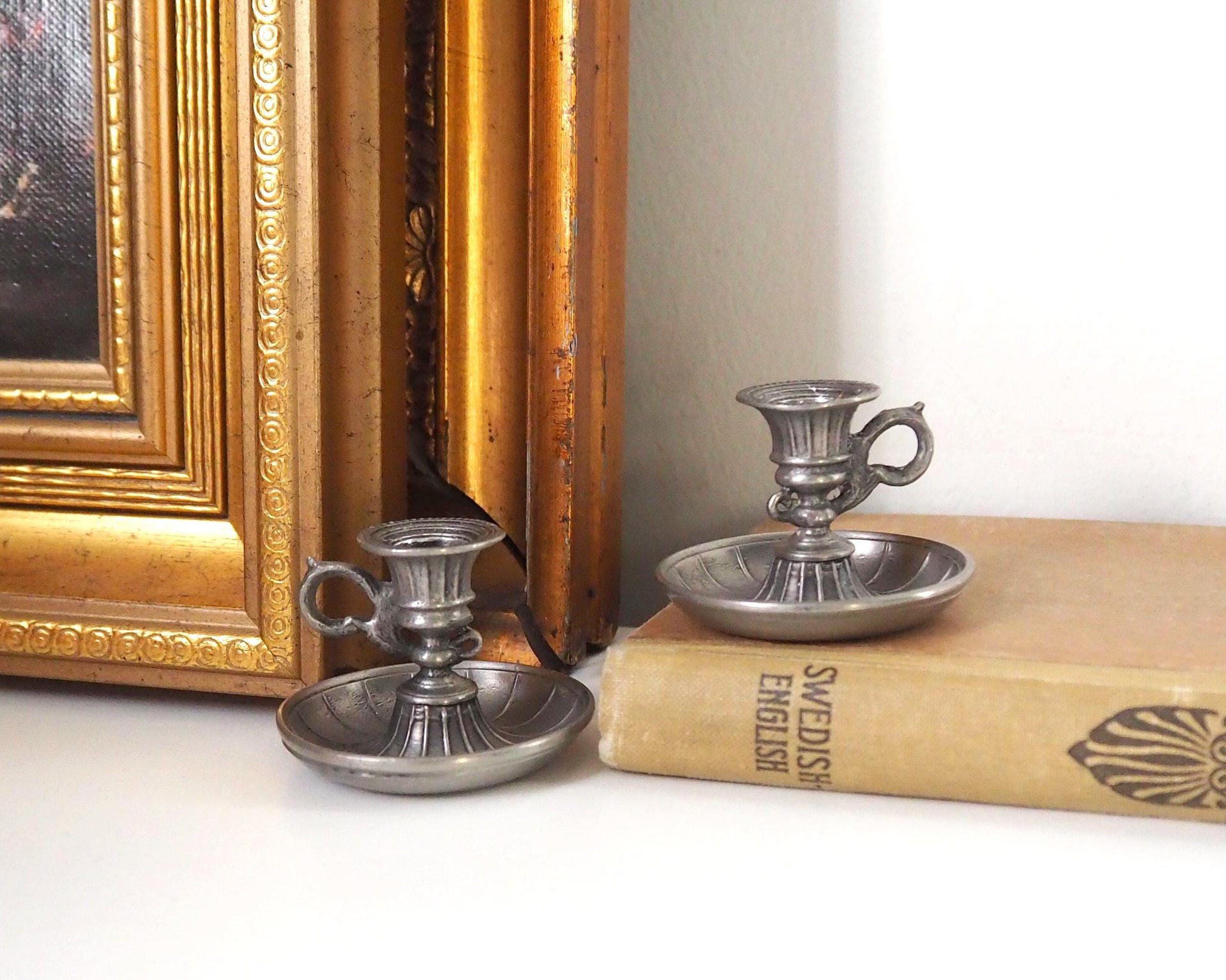 Set of two vintage candlestick holders | Tiny pewter candlestick holders | Small chamber style candle holders | Pewter candle holders