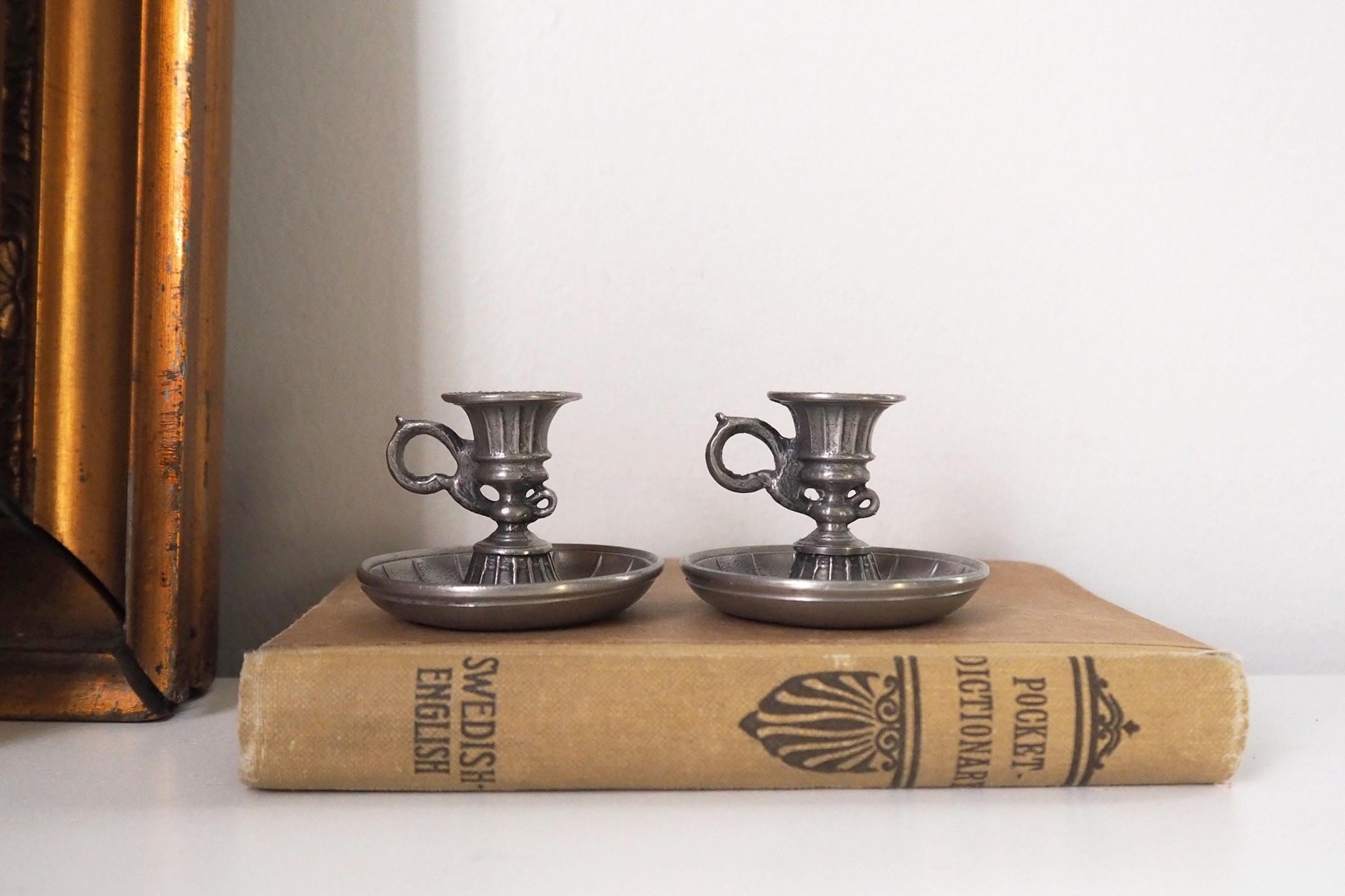 Set of two vintage candlestick holders | Tiny pewter candlestick holders | Small chamber style candle holders | Pewter candle holders