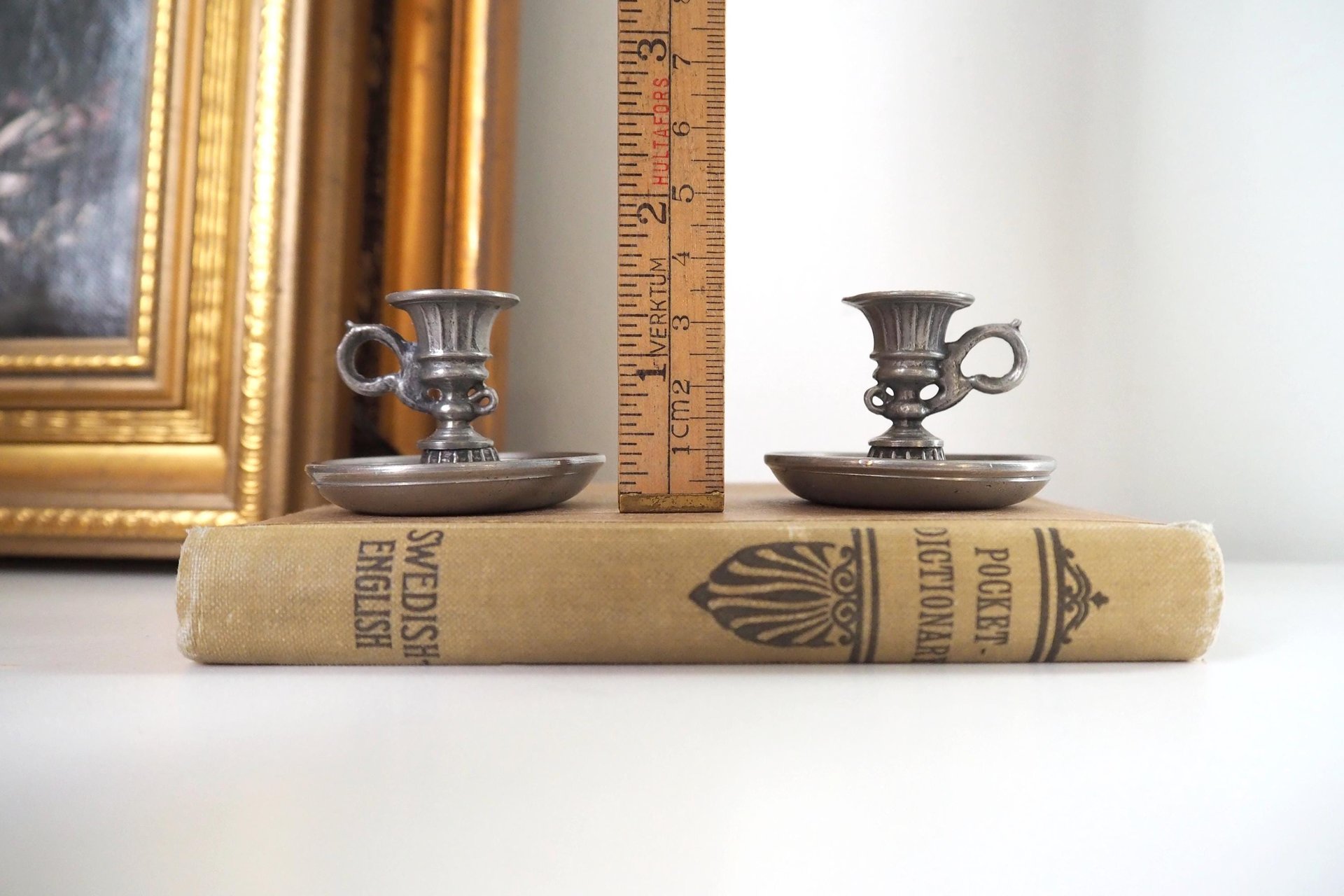 Set of two vintage candlestick holders | Tiny pewter candlestick holders | Small chamber style candle holders | Pewter candle holders