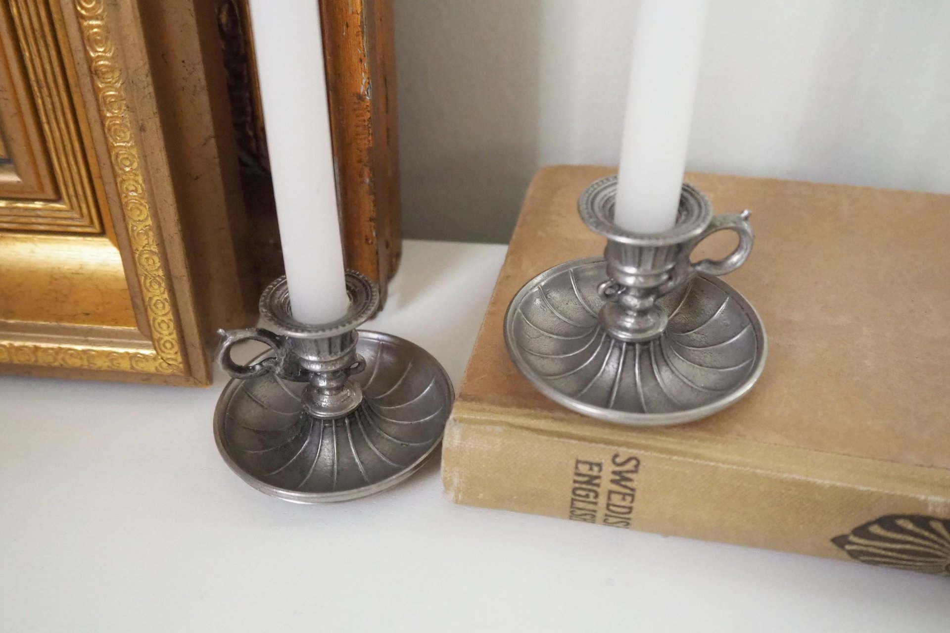 Set of two vintage candlestick holders | Tiny pewter candlestick holders | Small chamber style candle holders | Pewter candle holders