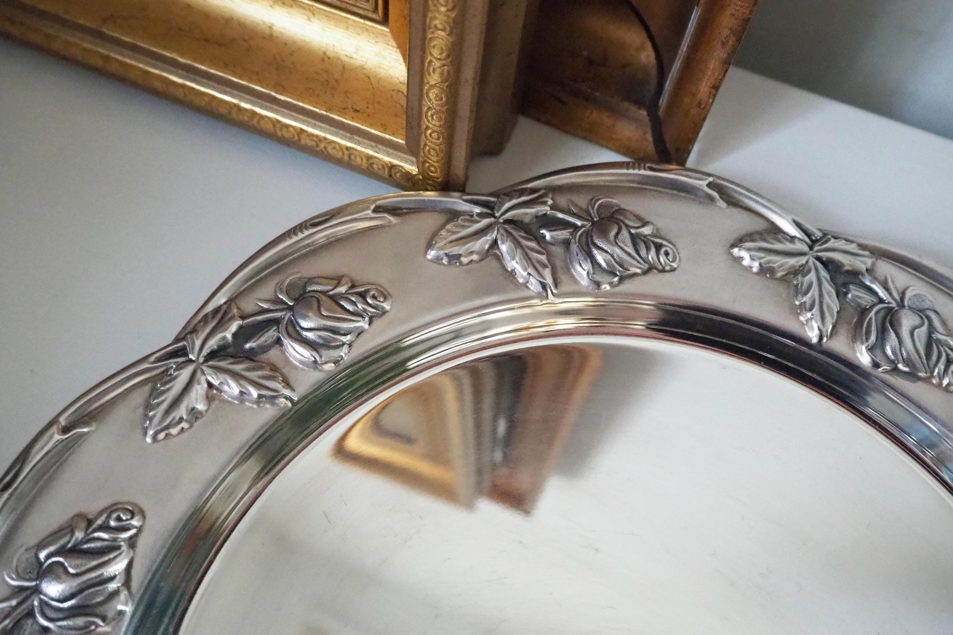 Vintage alpacca silver plate | Alpacca silver platter | Vintage silver plate | Alpacca plate with rose ornament | Floral silver plate