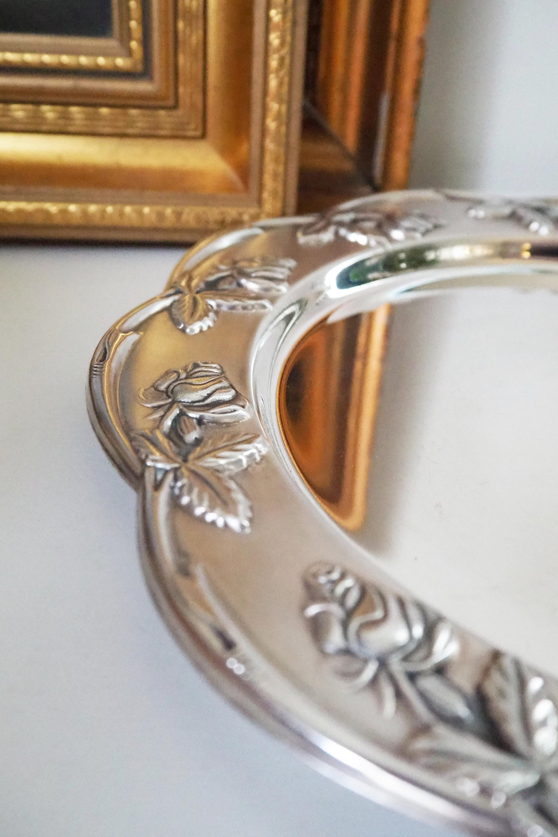 Vintage alpacca silver plate | Alpacca silver platter | Vintage silver plate | Alpacca plate with rose ornament | Floral silver plate