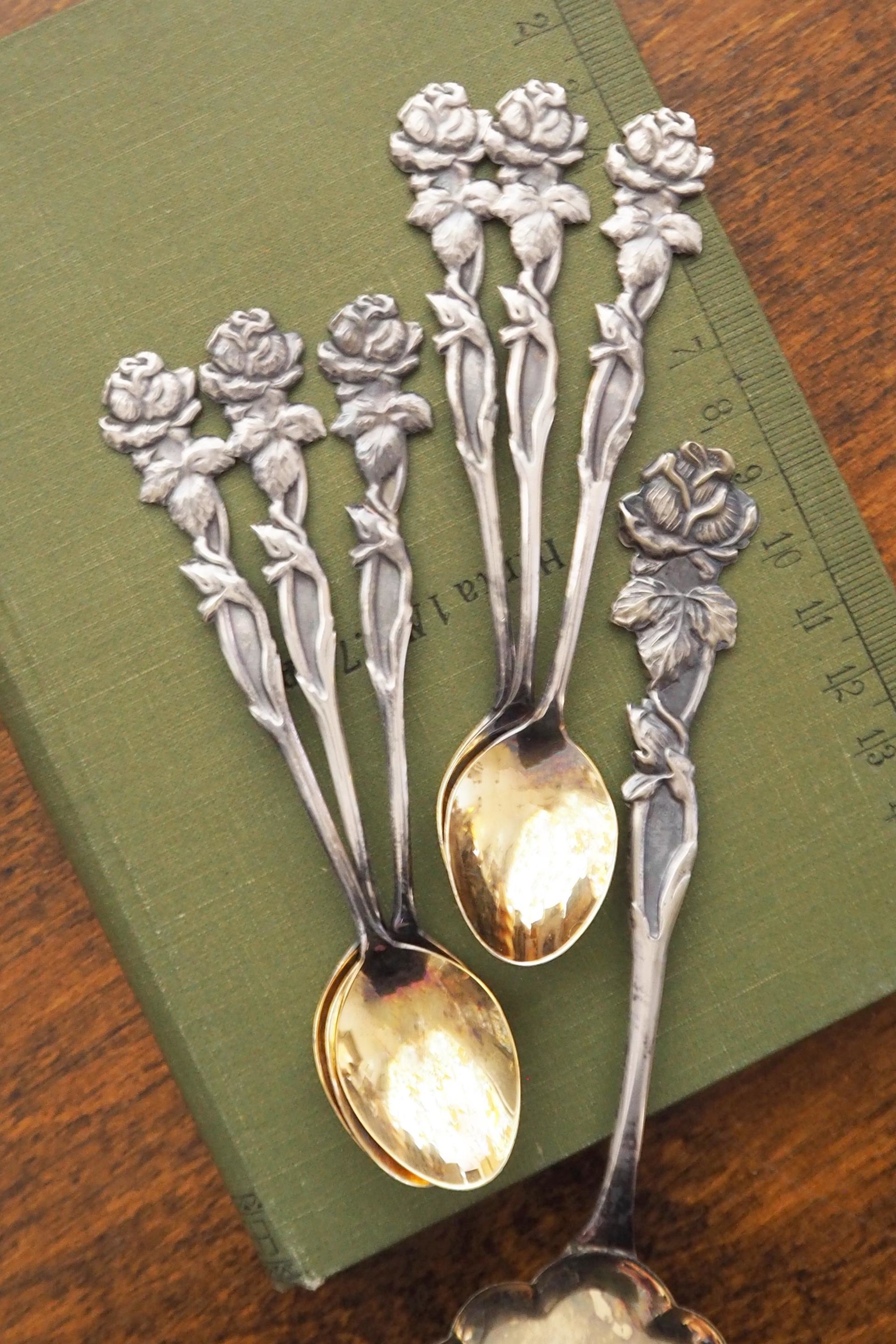 Set of six vintage teaspoons and a cake server | Vintage alpacca silver teaspoons | Vintage teaspoons | Rose teaspoon set and a cake server