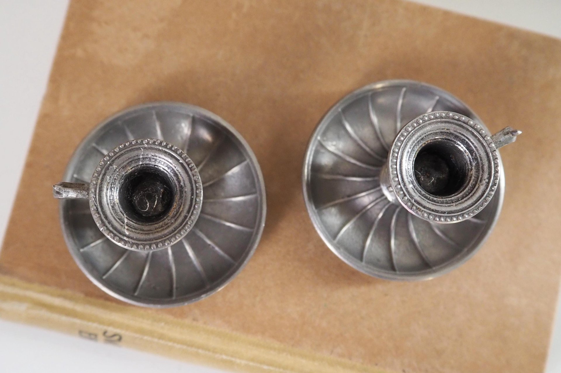 Set of two vintage candlestick holders | Tiny pewter candlestick holders | Small chamber style candle holders | Pewter candle holders