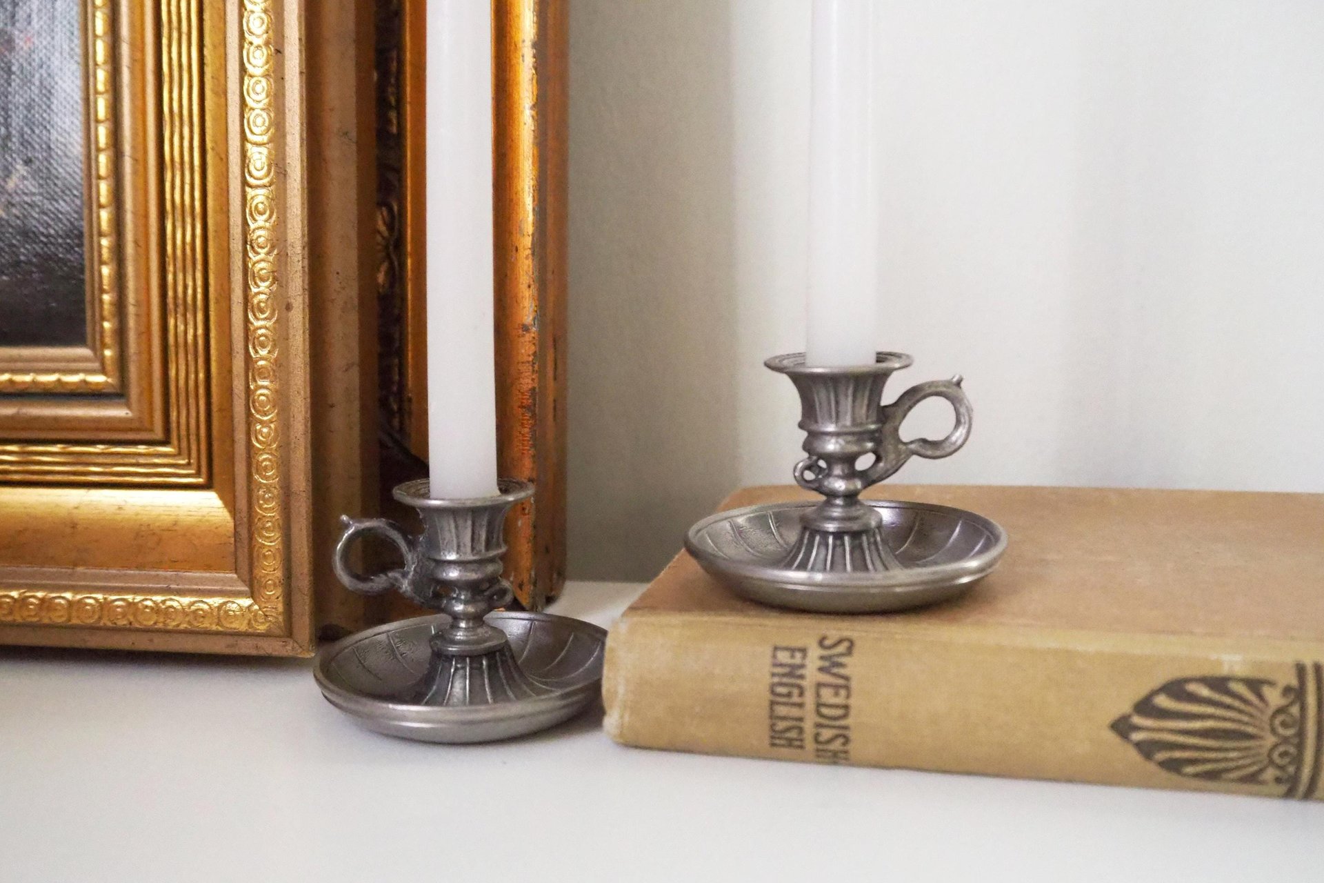 Set of two vintage candlestick holders | Tiny pewter candlestick holders | Small chamber style candle holders | Pewter candle holders