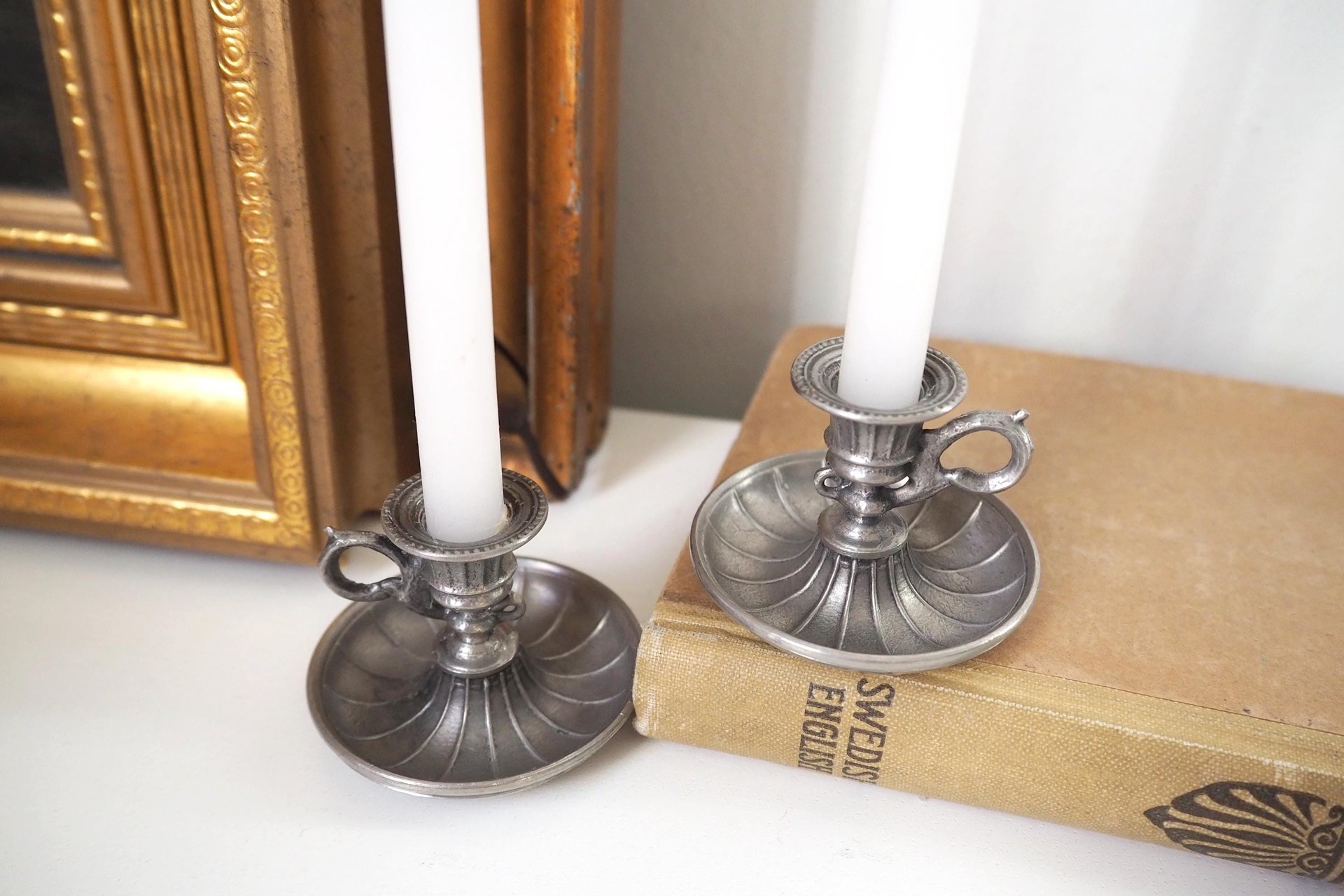 Set of two vintage candlestick holders | Tiny pewter candlestick holders | Small chamber style candle holders | Pewter candle holders