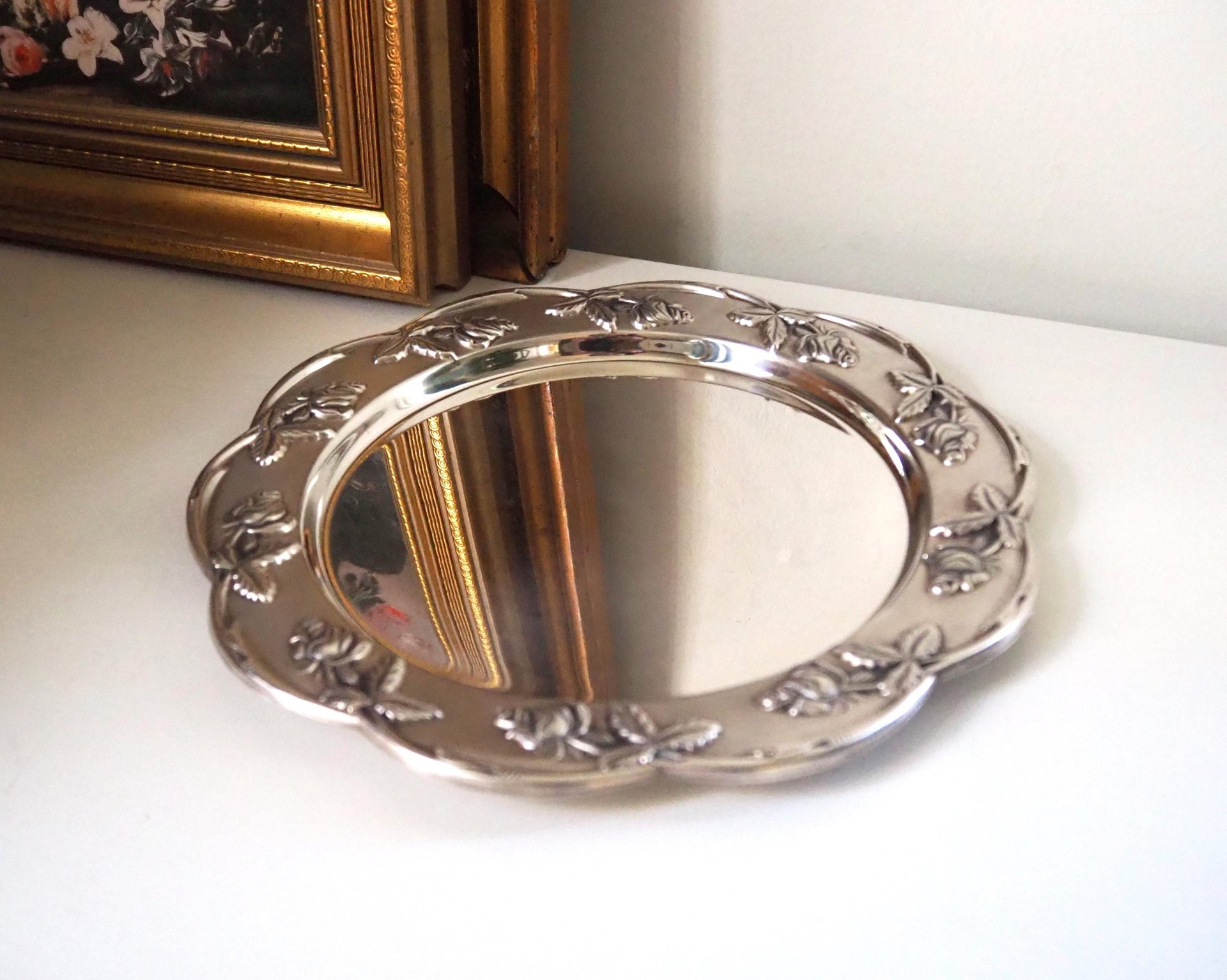 Vintage alpacca silver plate | Alpacca silver platter | Vintage silver plate | Alpacca plate with rose ornament | Floral silver plate