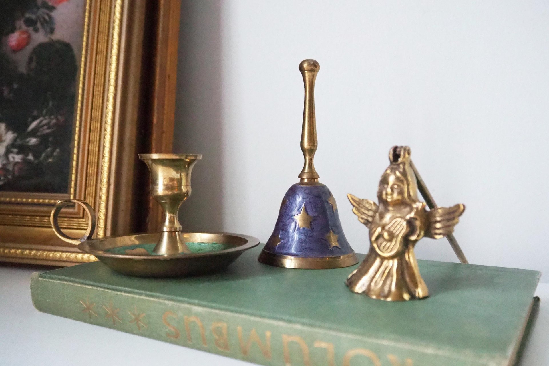 Vintage brass Christmas set | Vintage brass hand bell | Vintage brass candle holder and candle snuffer | Vintage Christmas gift set