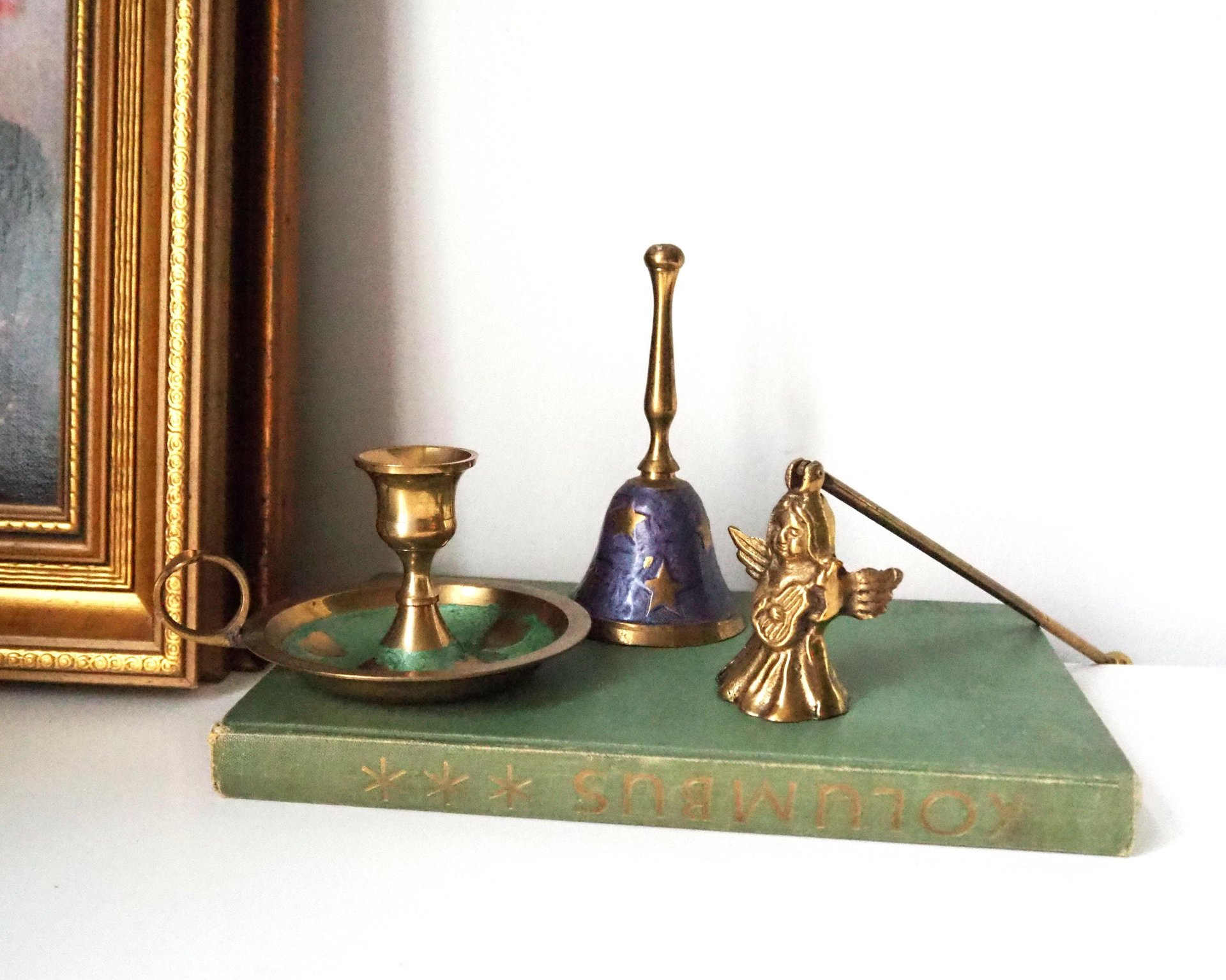 Vintage brass Christmas set | Vintage brass hand bell | Vintage brass candle holder and candle snuffer | Vintage Christmas gift set