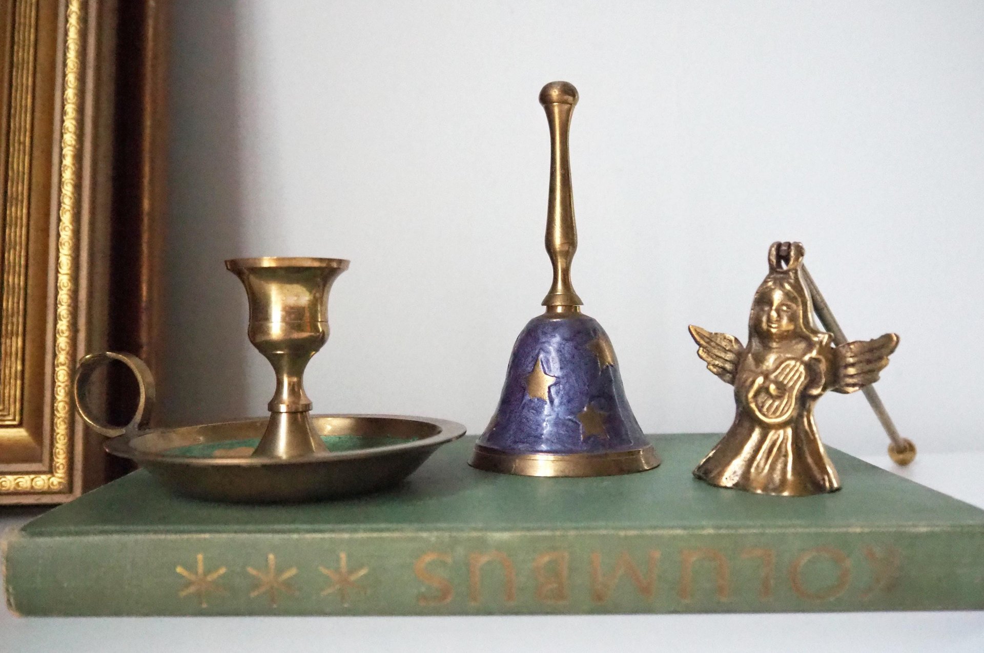 Vintage brass Christmas set | Vintage brass hand bell | Vintage brass candle holder and candle snuffer | Vintage Christmas gift set