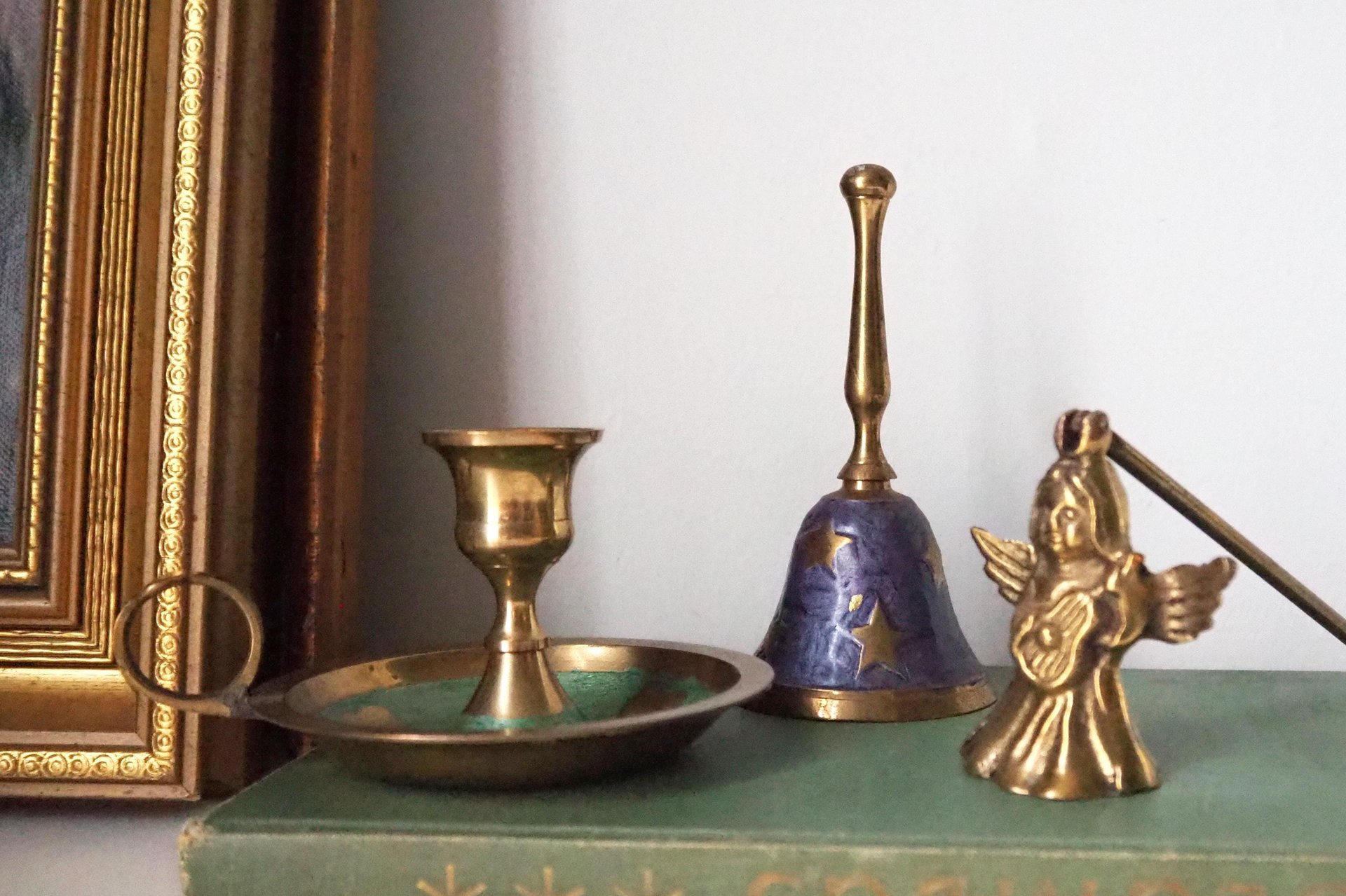 Vintage brass Christmas set | Vintage brass hand bell | Vintage brass candle holder and candle snuffer | Vintage Christmas gift set
