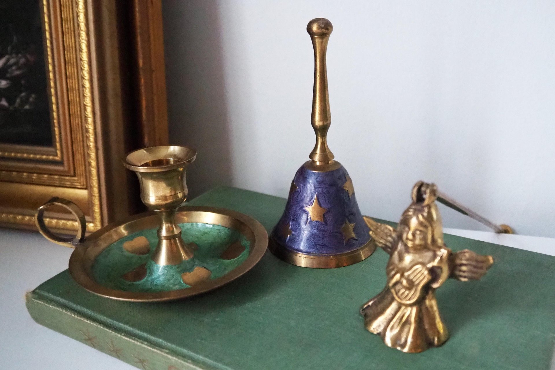 Vintage brass Christmas set | Vintage brass hand bell | Vintage brass candle holder and candle snuffer | Vintage Christmas gift set