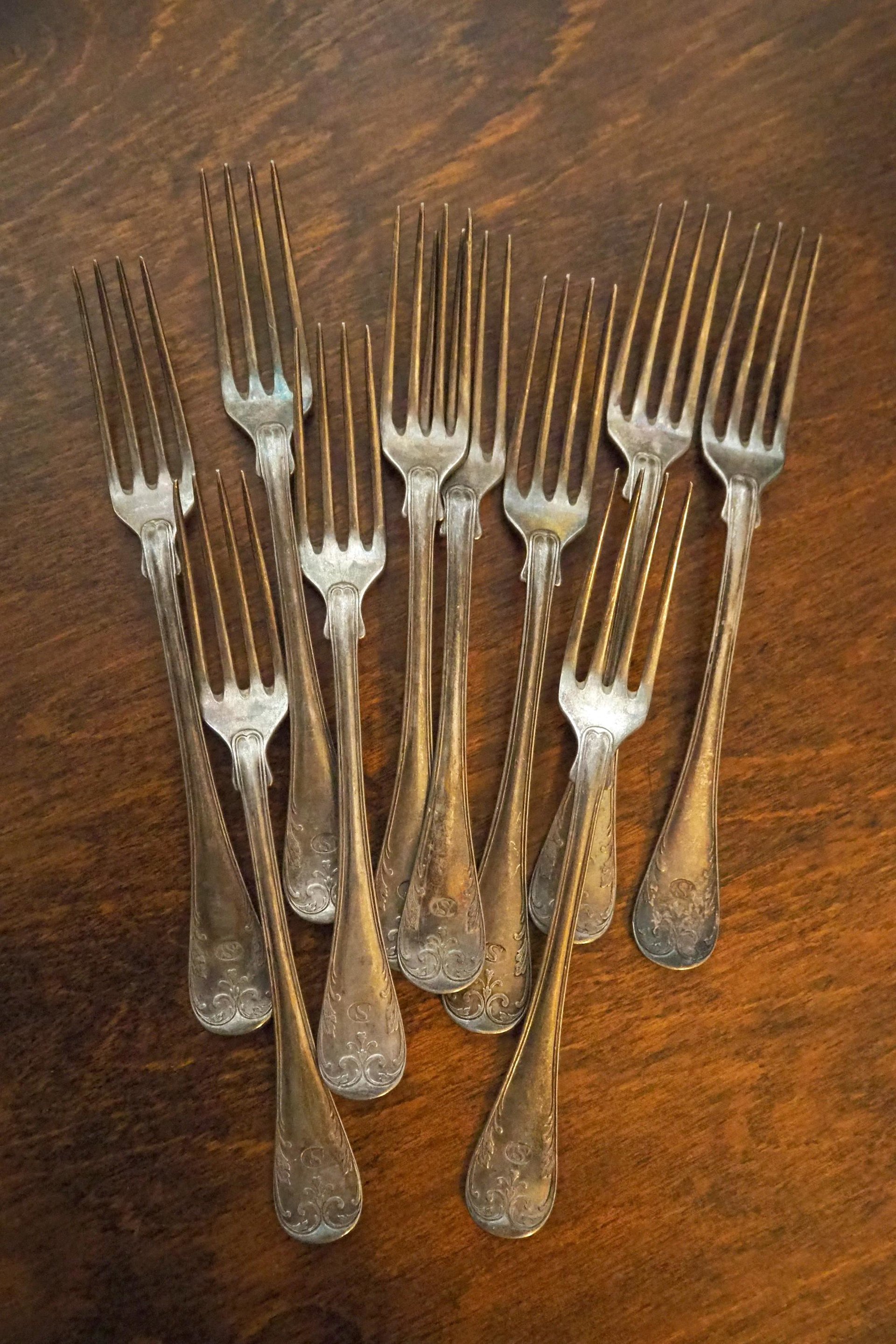 Set of ten vintage forks | C. G. Hallberg dinner forks | Vintage alpacca silver forks | Made in Sweden