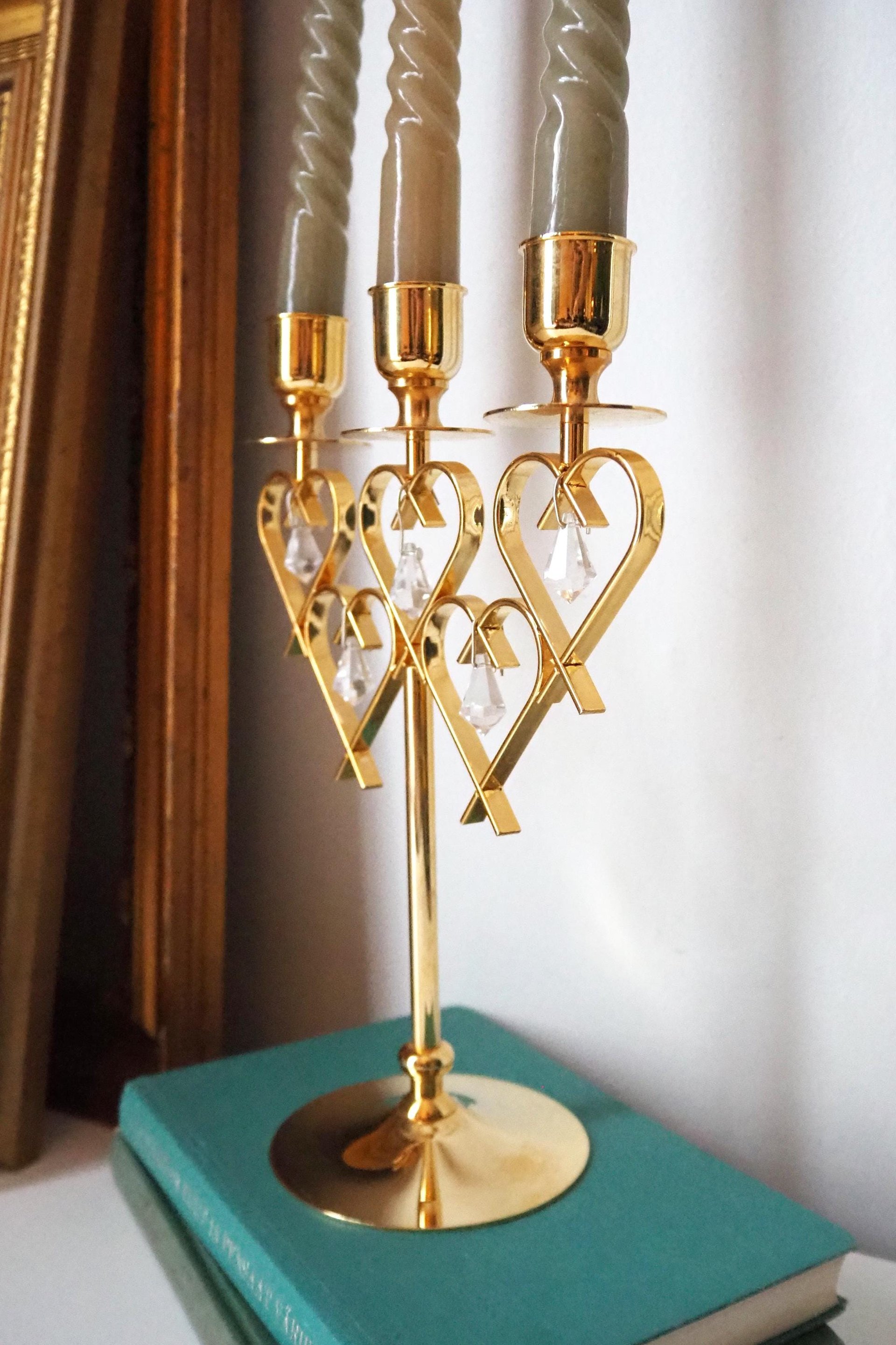 Vintage crystal candelabrum | Vintage three arm candle holder | Gold plated candelabra | Vintage heart candelabrum